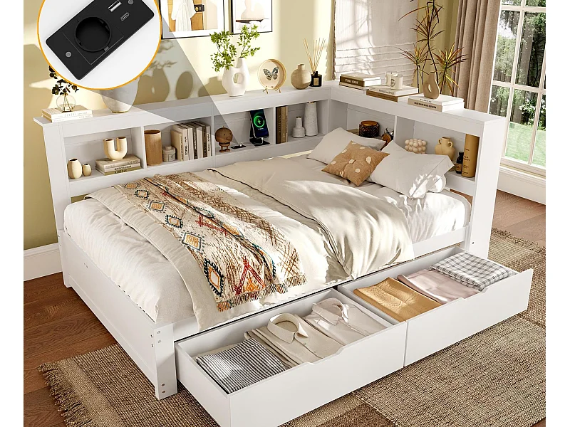 Canapé-lit 140x200 cm - avec 2 tiroirs - avec prise de courant + 2 USB - avec sommier à lattes - blanc (matelas non inclus)