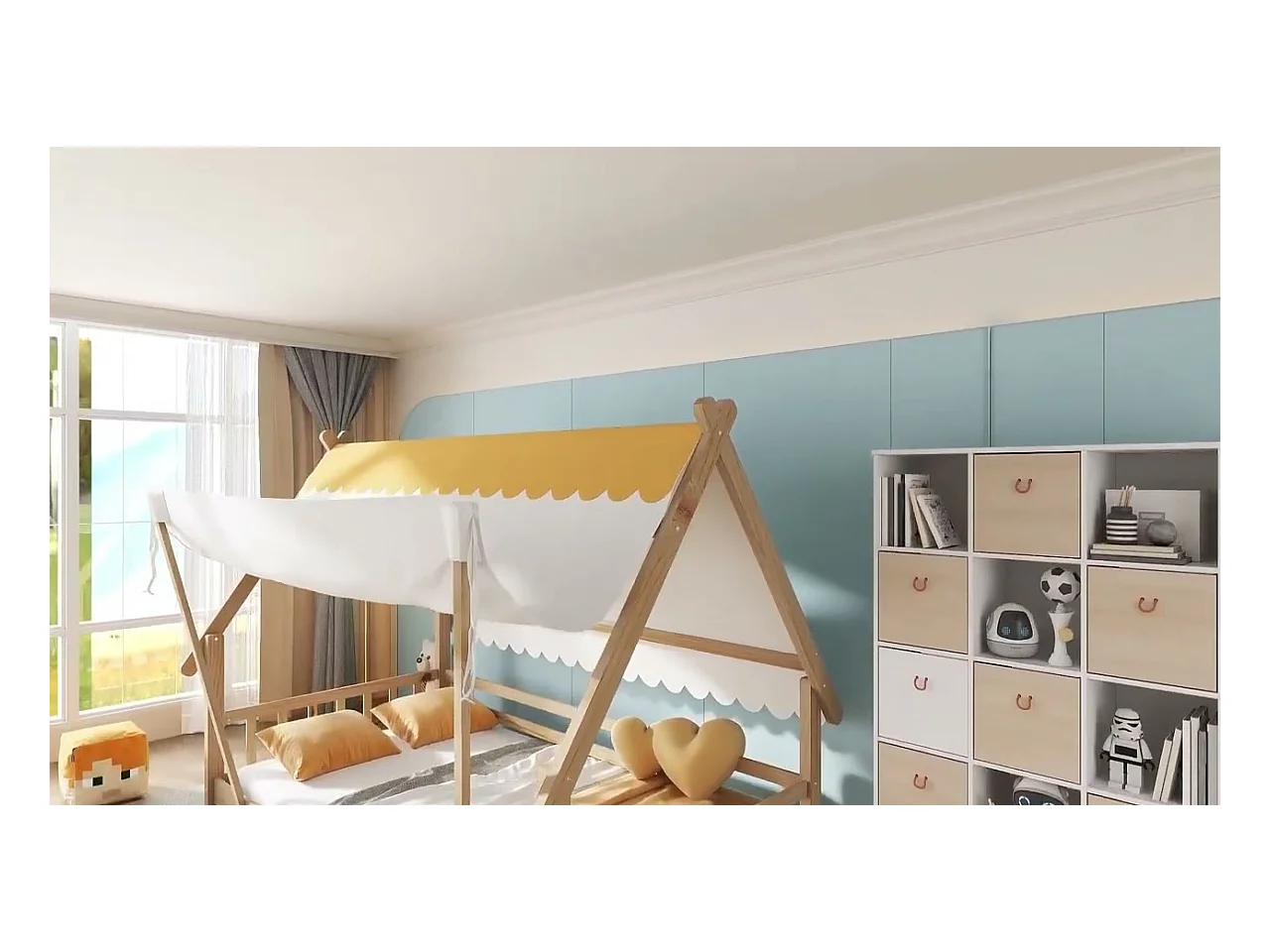 Lit cabane pour enfants 90x200cm en bois massif - avec tente amovible - avec barrières de sécurité et sommier à lattes - Naturel