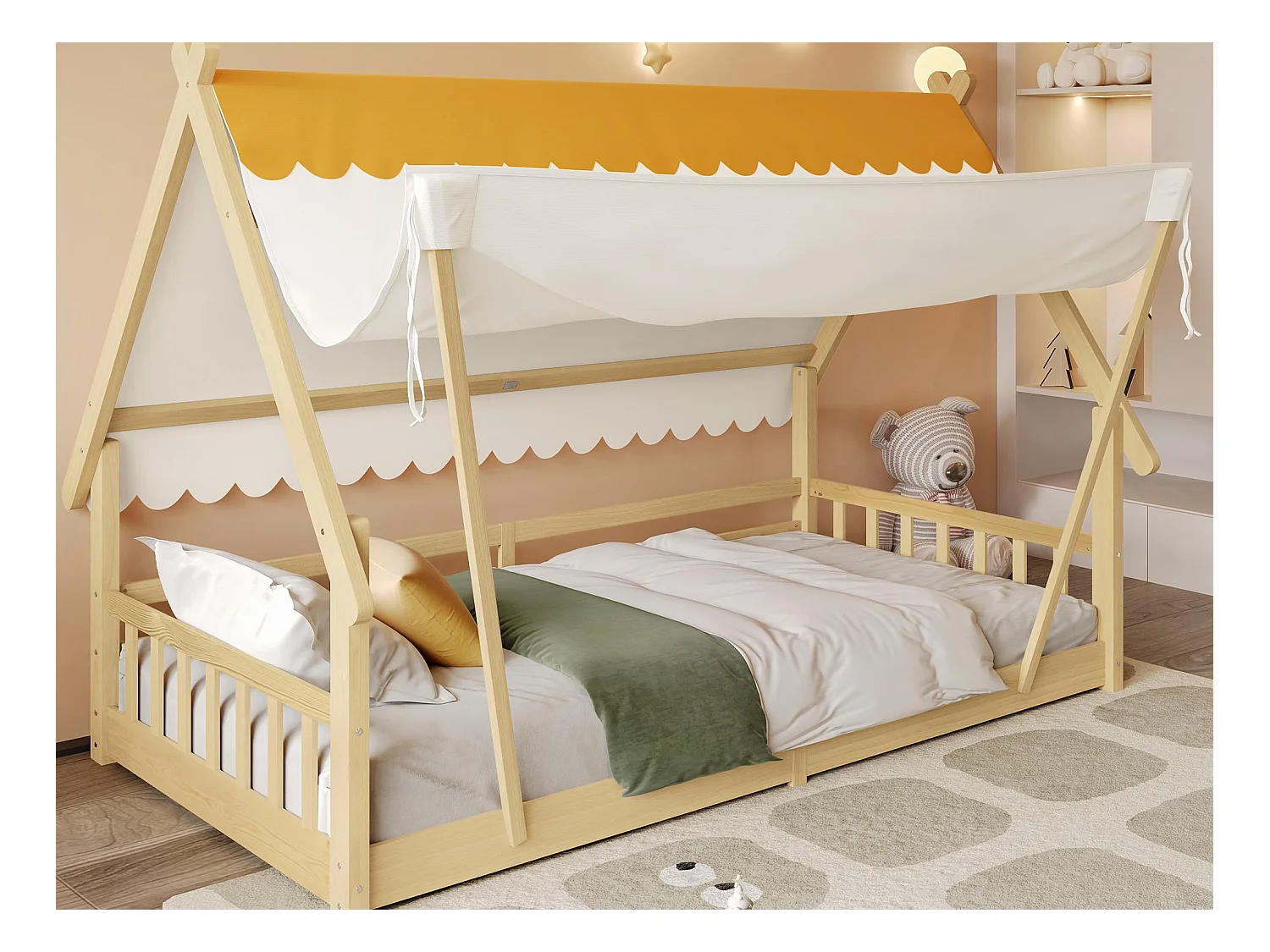 Lit cabane pour enfants 90x200cm en bois massif - avec tente amovible - avec barrières de sécurité et sommier à lattes - Naturel