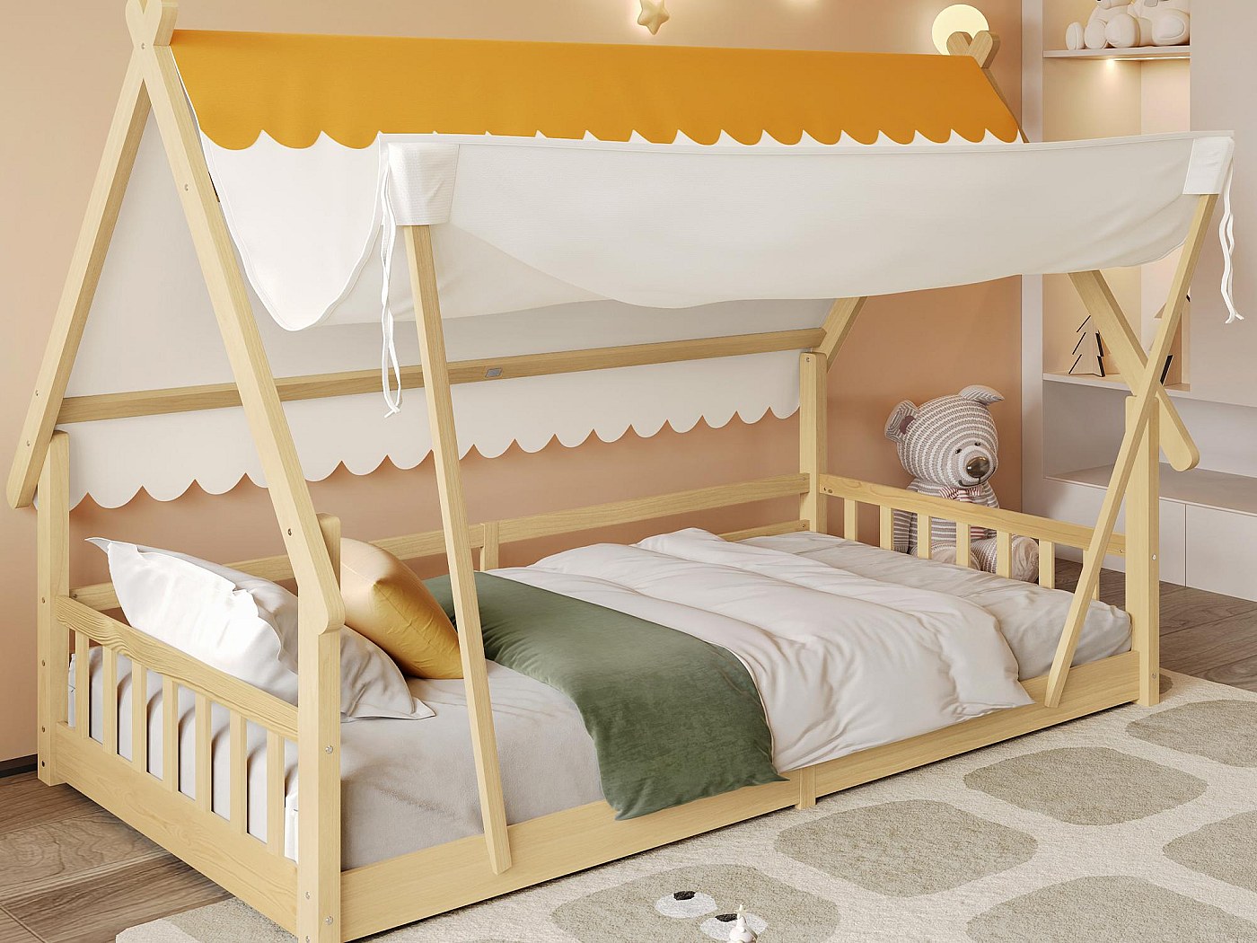 Lit pour enfant Maison scandinave en bois naturel avec Tiroir