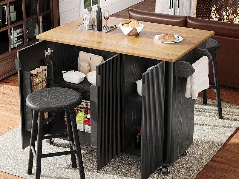 Moderne Kücheninsel 130x45x92cm - 3 Türen - mit Gewürzregal - ausziehbarer Arbeitsplatte - mit Rollen - Schwarz