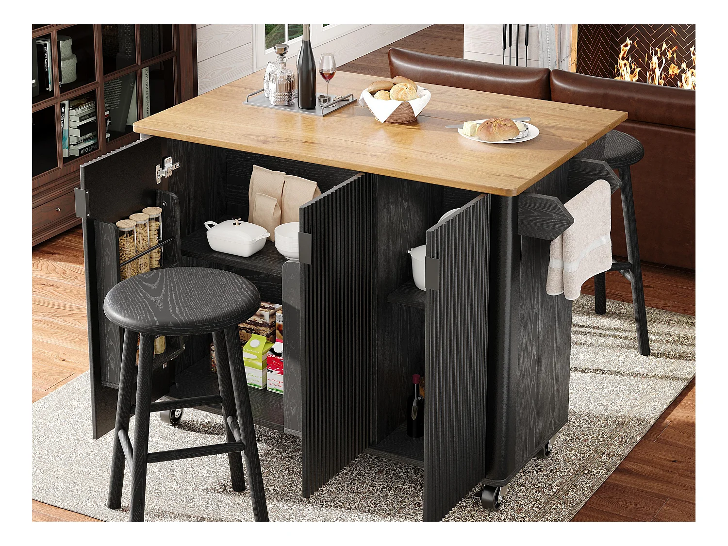 Ilot central de cuisine moderne 130x45x92cm - 3 portes - avec étagère à épices - plateau extensible - avec roulettes - Noir