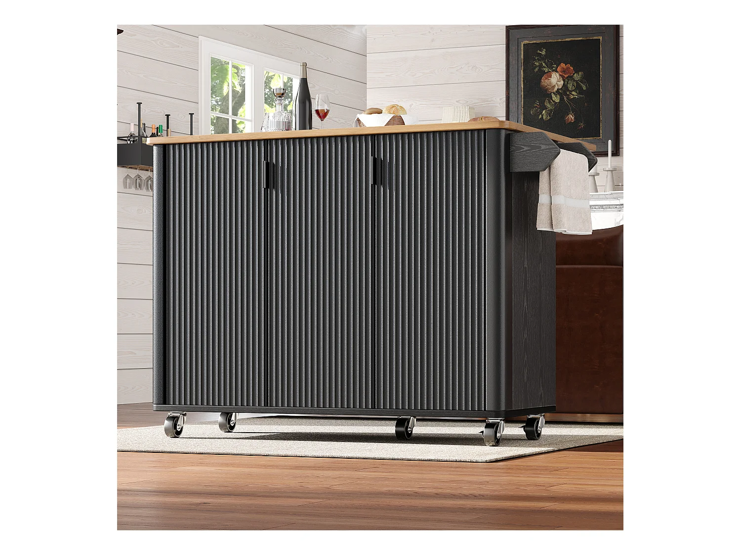 Ilot central de cuisine moderne 130x45x92cm - 3 portes - avec étagère à épices - plateau extensible - avec roulettes - Noir