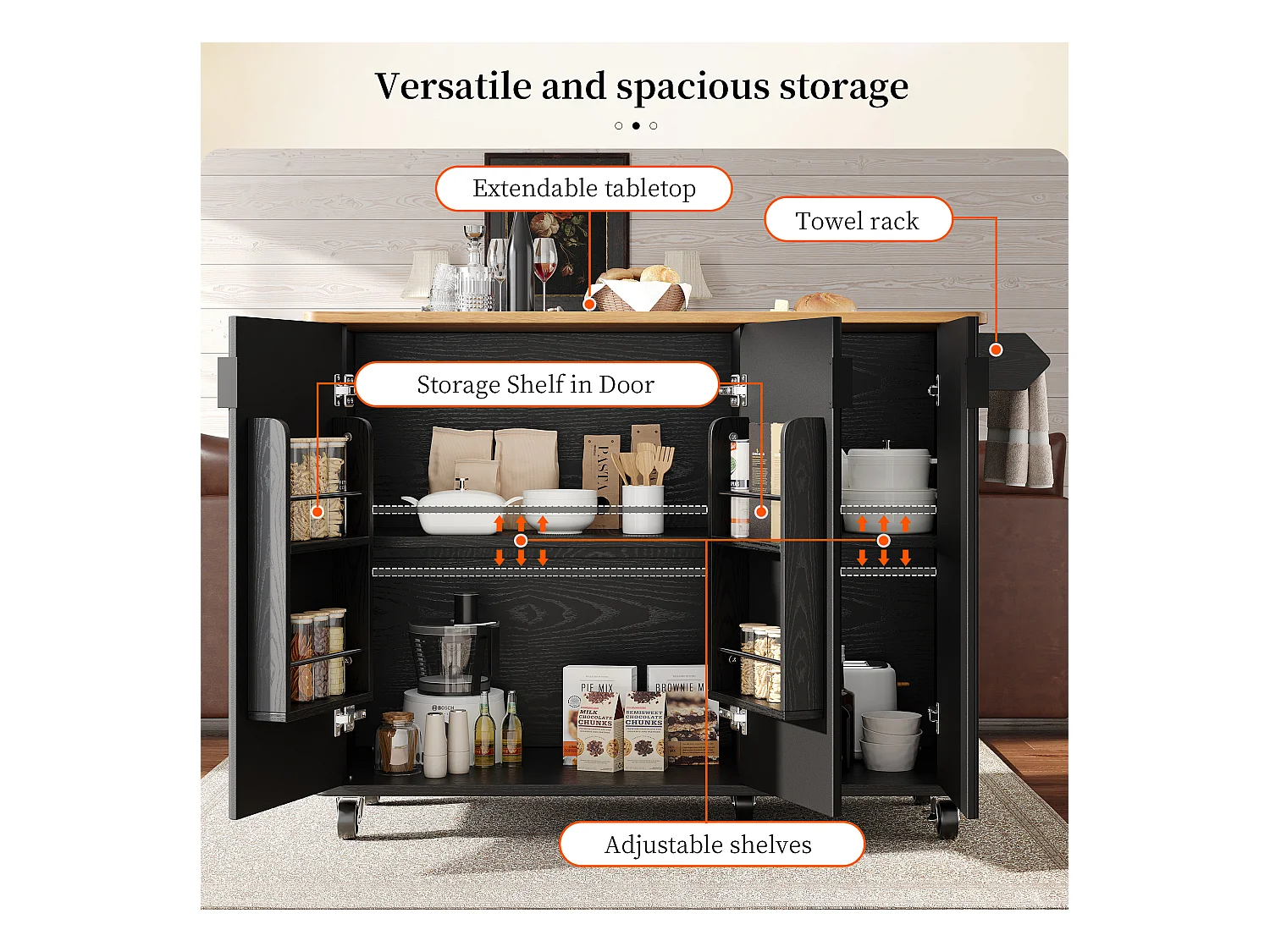 Ilot central de cuisine moderne 130x45x92cm - 3 portes - avec étagère à épices - plateau extensible - avec roulettes - Noir