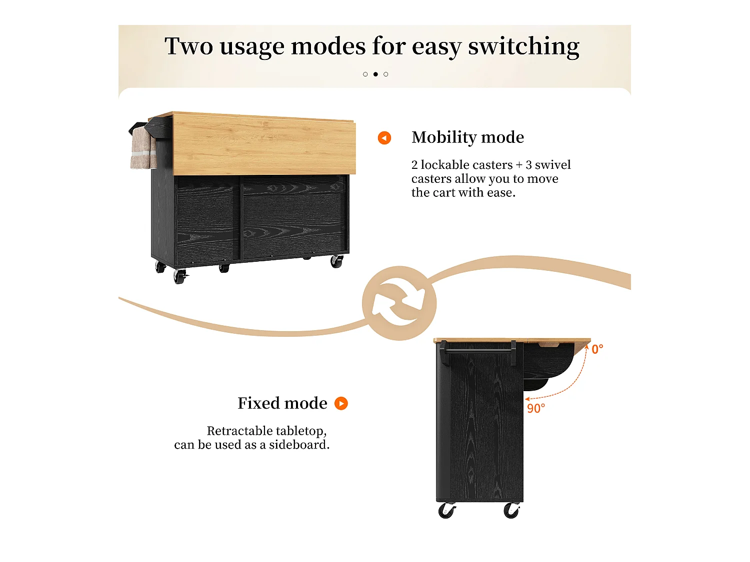 Ilot central de cuisine moderne 130x45x92cm - 3 portes - avec étagère à épices - plateau extensible - avec roulettes - Noir