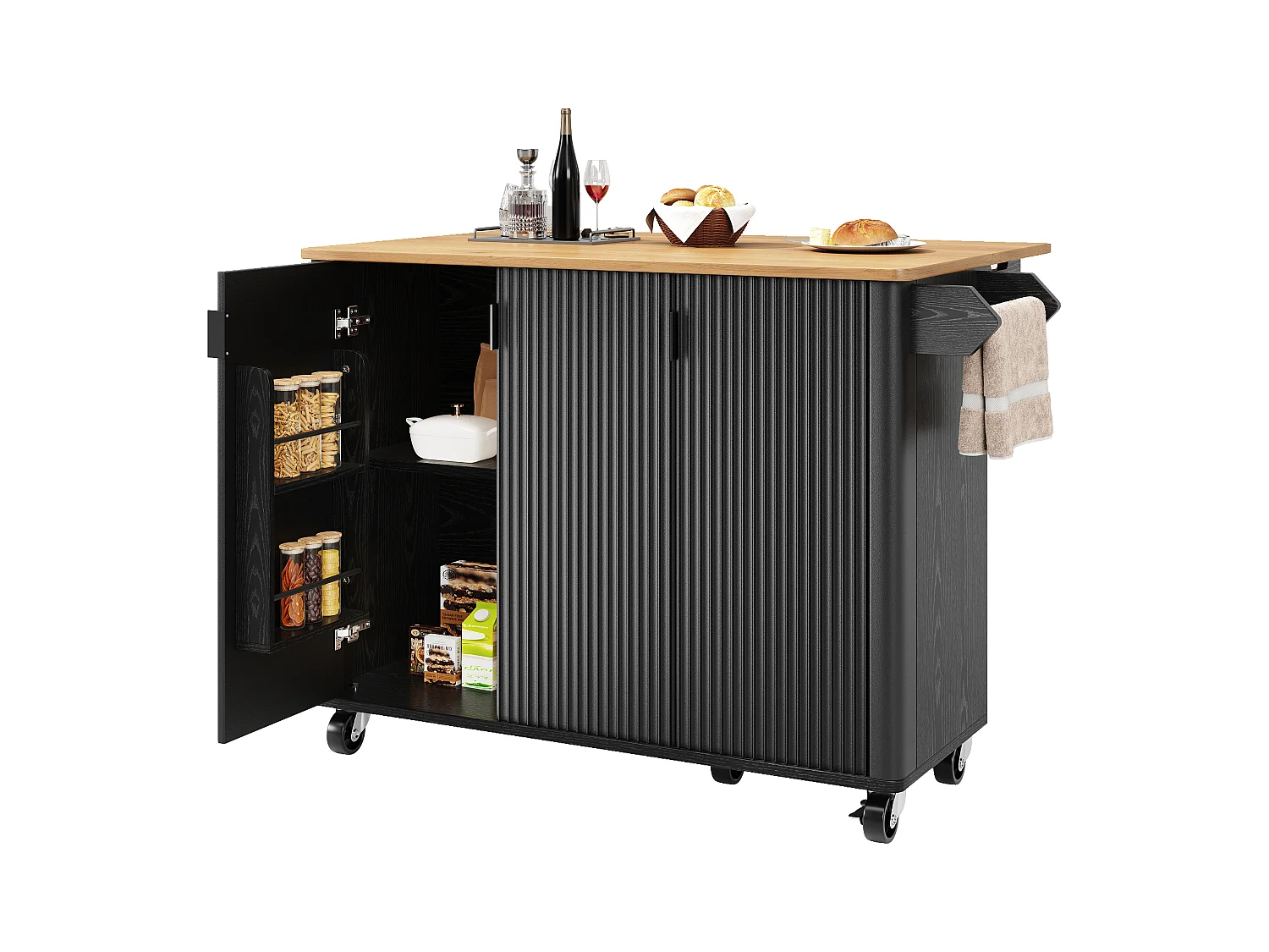 Ilot central de cuisine moderne 130x45x92cm - 3 portes - avec étagère à épices - plateau extensible - avec roulettes - Noir