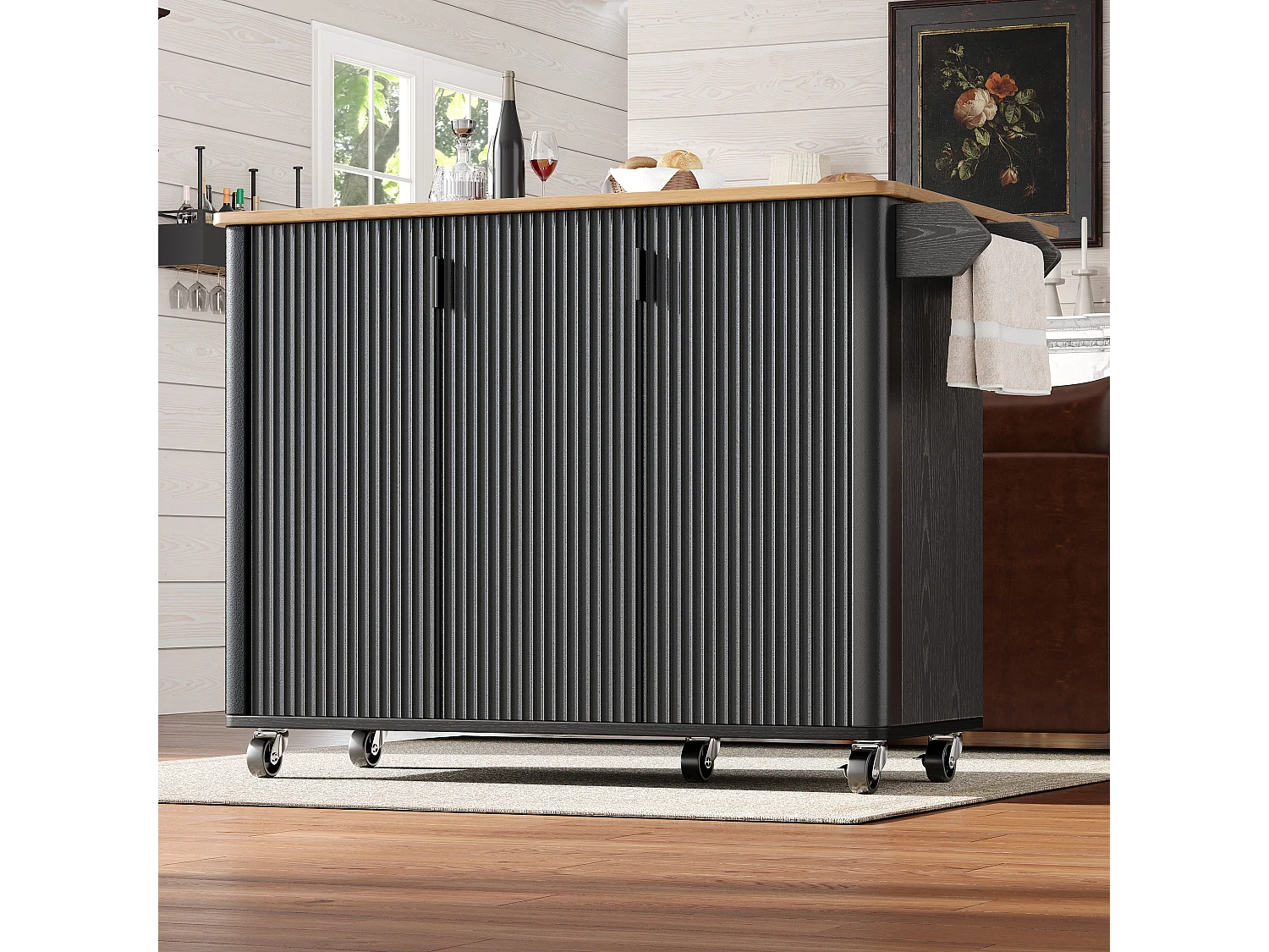 Ilot central de cuisine moderne 130x45x92cm - 3 portes - avec étagère à épices - plateau extensible - avec roulettes - Noir