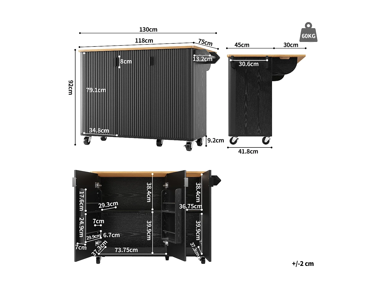 Ilot central de cuisine moderne 130x45x92cm - 3 portes - avec étagère à épices - plateau extensible - avec roulettes - Noir