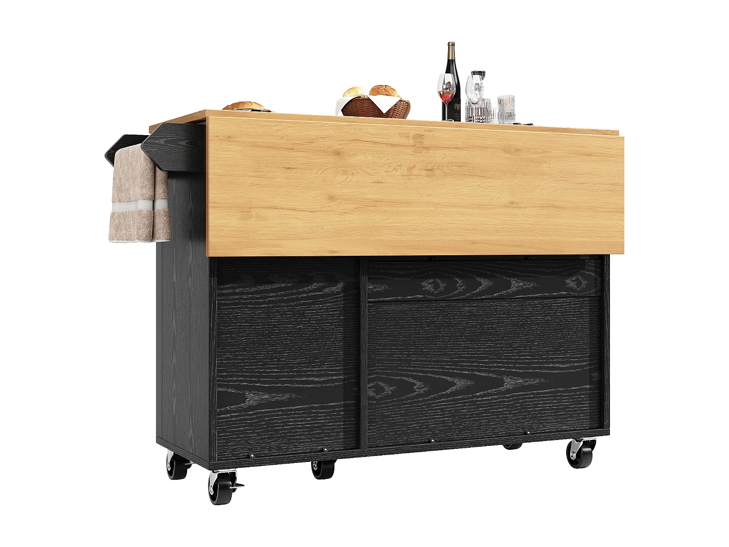 Ilot central de cuisine moderne 130x45x92cm - 3 portes - avec étagère à épices - plateau extensible - avec roulettes - Noir