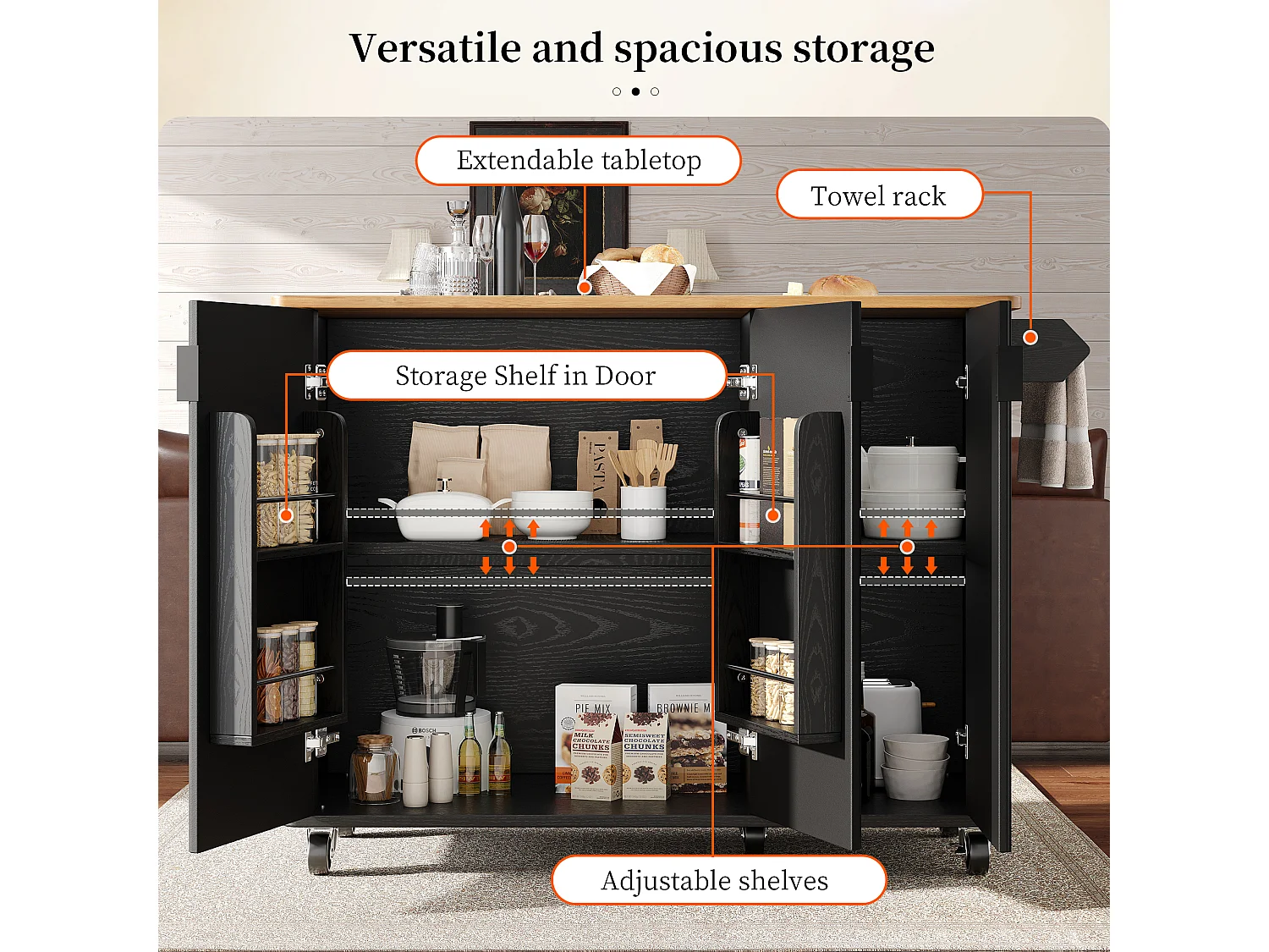 Ilot central de cuisine moderne 130x45x92cm - 3 portes - avec étagère à épices - plateau extensible - avec roulettes - Noir