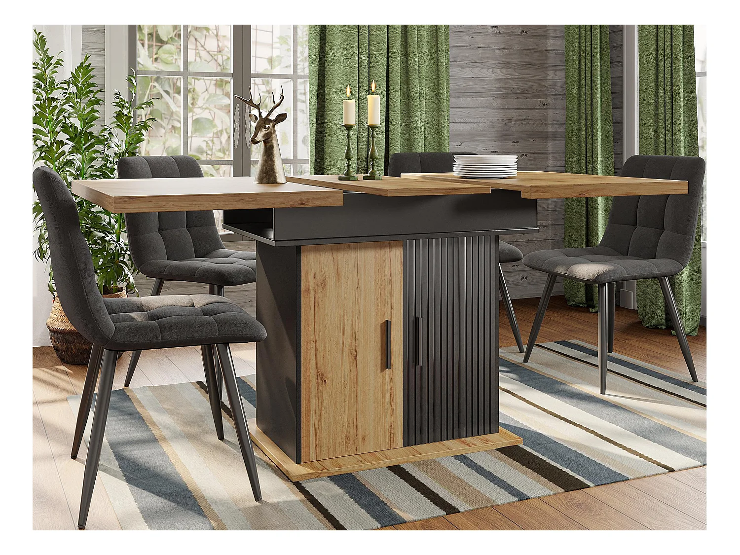 Table à manger extensible 110-140×80cm - 4-6 personnes - avec 2 portes - style rétro - Noir + Naturel