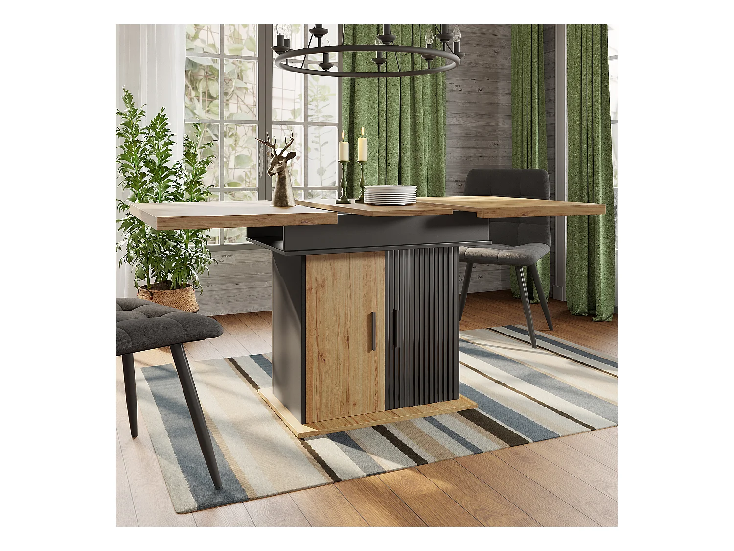 Table à manger extensible 110-140×80cm - 4-6 personnes - avec 2 portes - style rétro - Noir + Naturel