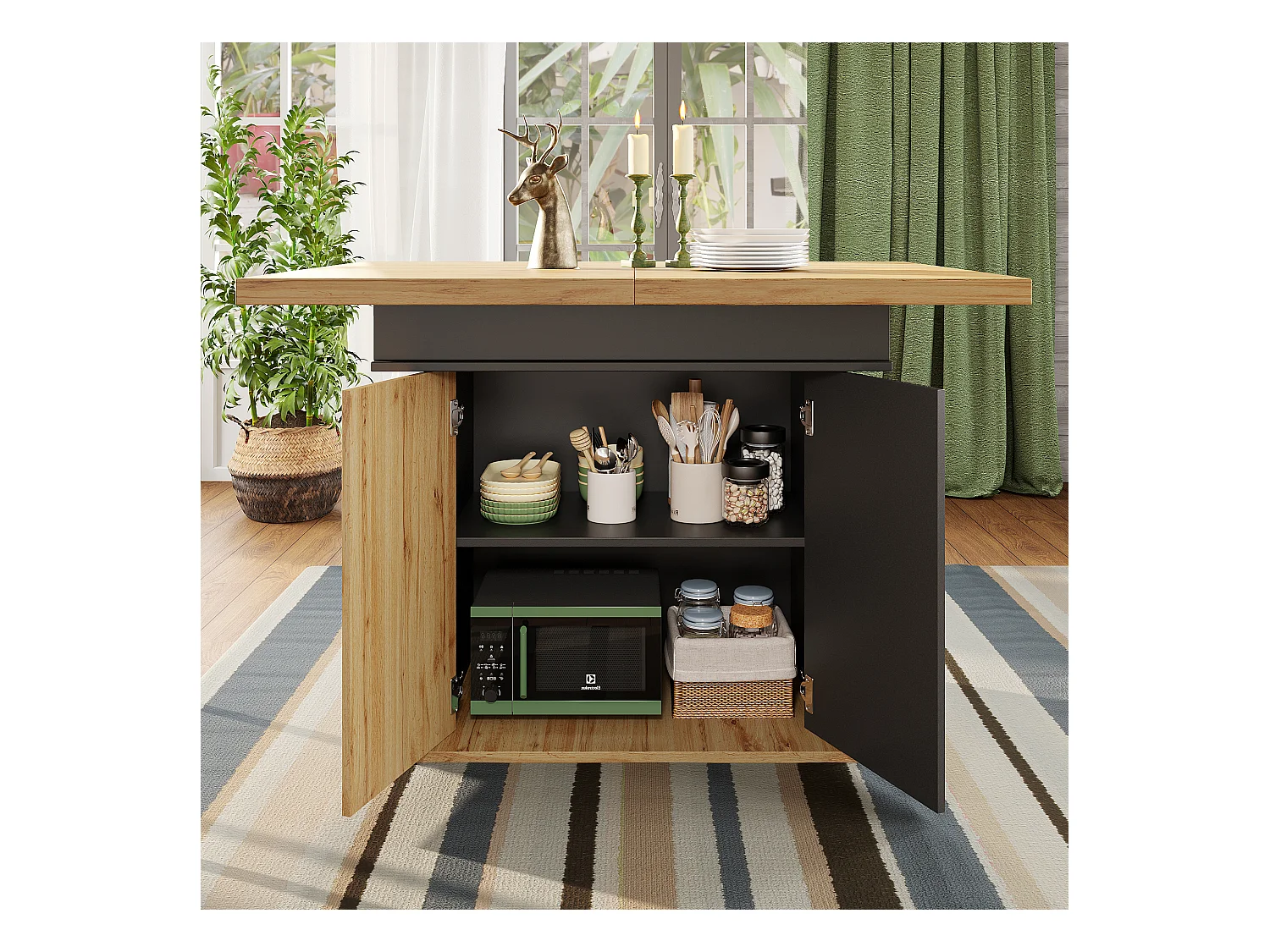 Table à manger extensible 110-140×80cm - 4-6 personnes - avec 2 portes - style rétro - Noir + Naturel