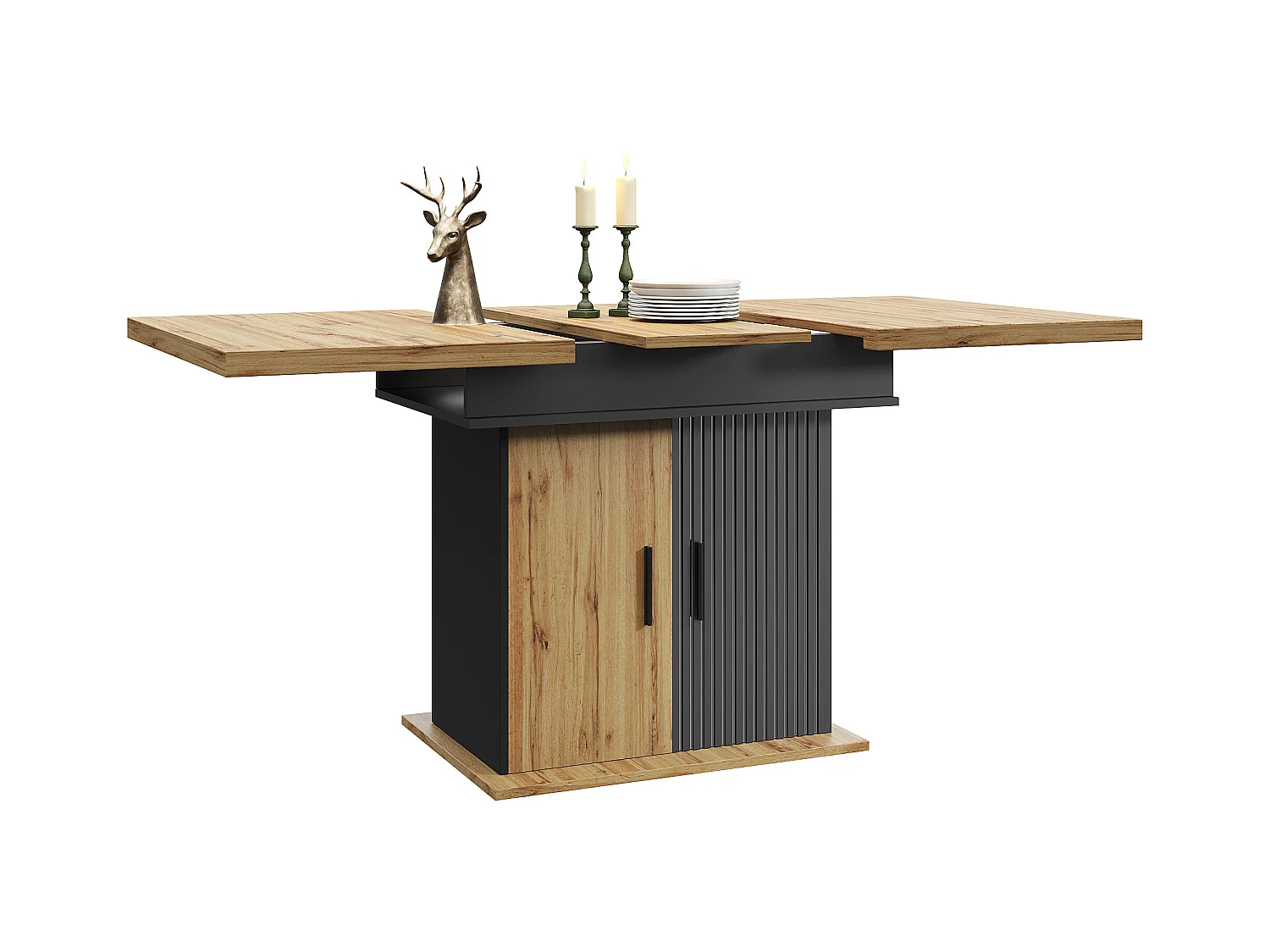 Table à manger extensible 110-140×80cm - 4-6 personnes - avec 2 portes - style rétro - Noir + Naturel