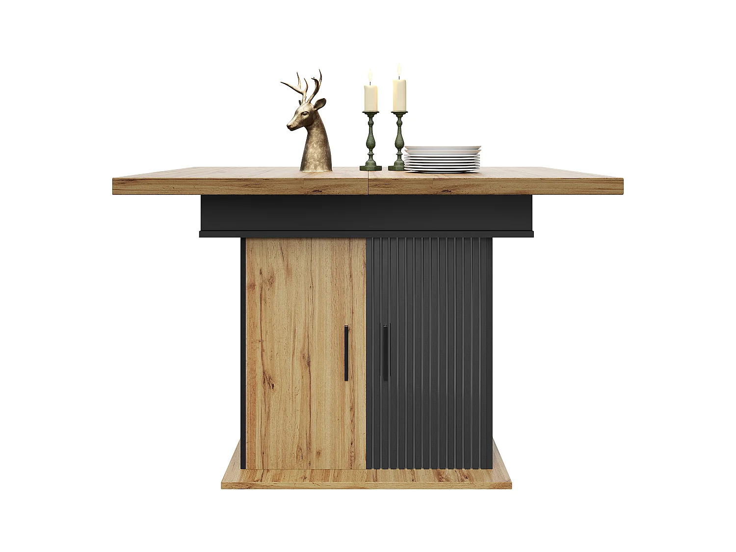 Table à manger extensible 110-140×80cm - 4-6 personnes - avec 2 portes - style rétro - Noir + Naturel