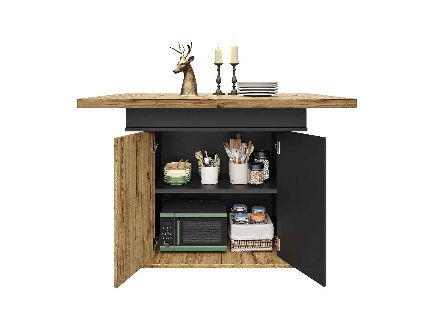 Table à manger extensible 110-140×80cm - 4-6 personnes - avec 2 portes - style rétro - Noir + Naturel