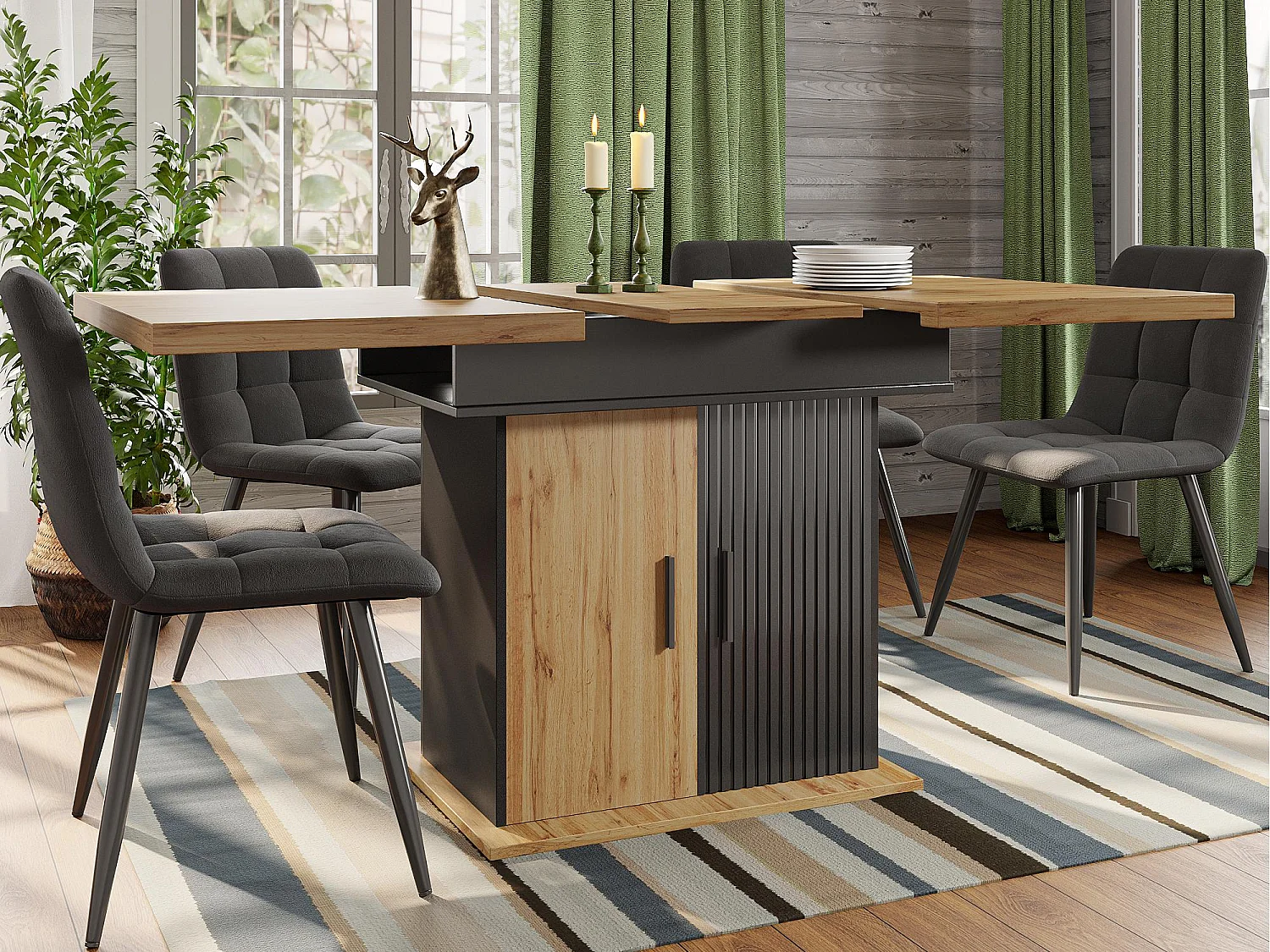 Tavolo da pranzo estensibile 110-140×80cm - 4-6 persone - con 2 ante - stile retrò - Nero + Naturale