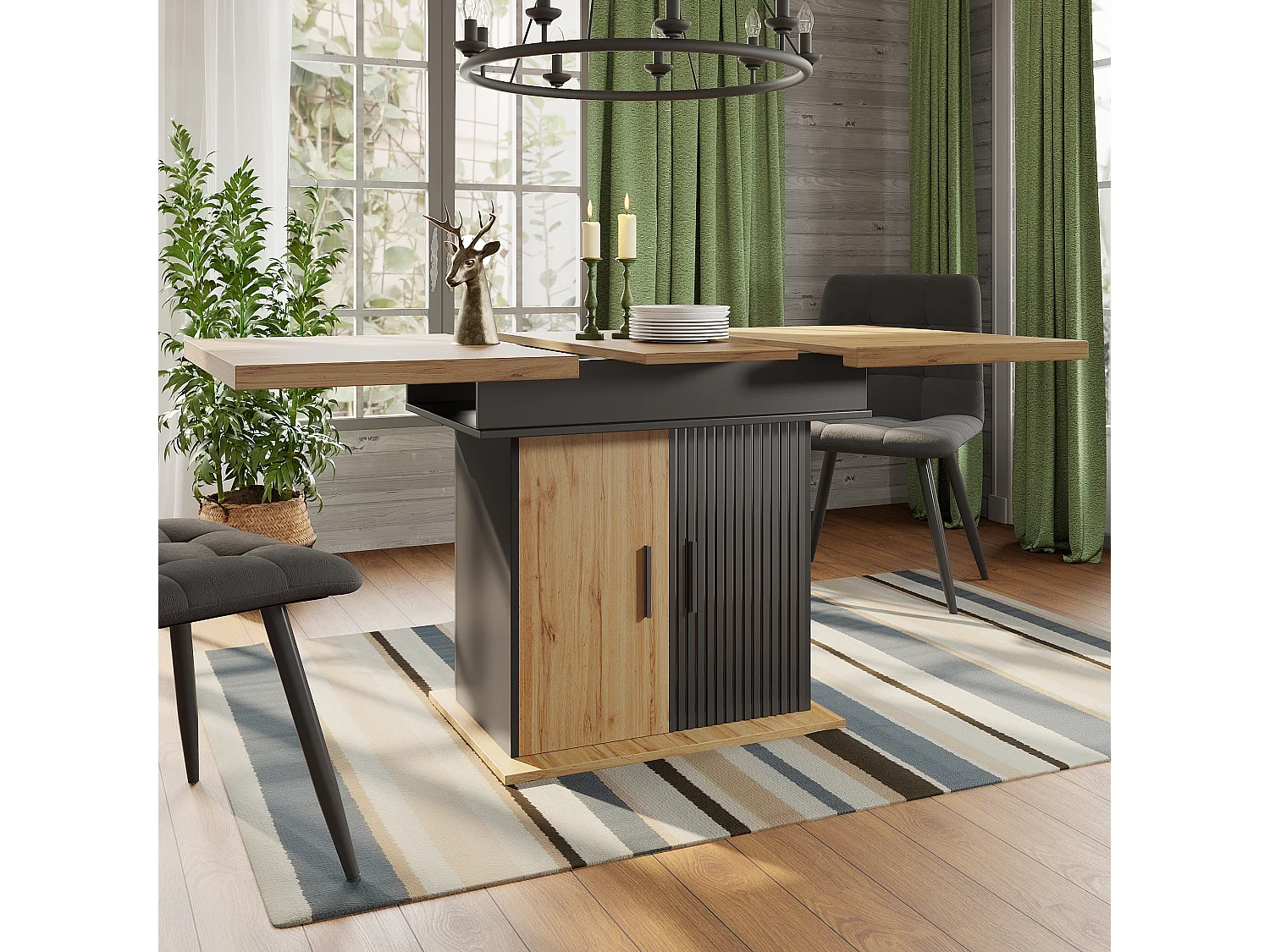 Tavolo da pranzo estensibile 110-140×80cm - 4-6 persone - con 2 ante - stile retrò - Nero + Naturale