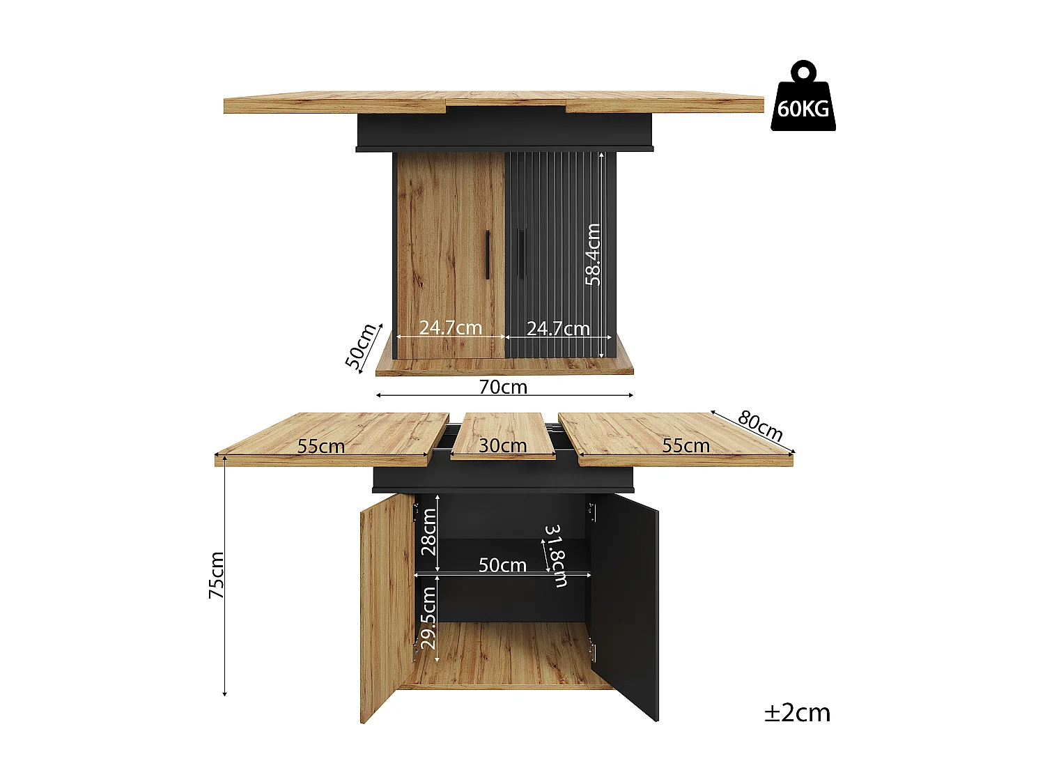Tavolo da pranzo estensibile 110-140×80cm - 4-6 persone - con 2 ante - stile retrò - Nero + Naturale
