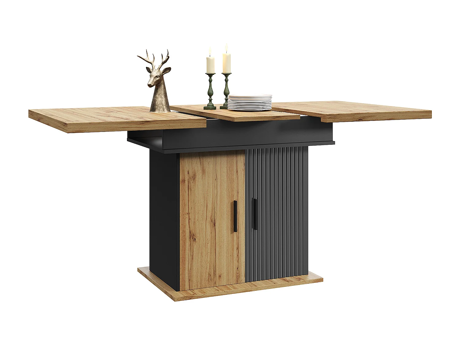 Tavolo da pranzo estensibile 110-140×80cm - 4-6 persone - con 2 ante - stile retrò - Nero + Naturale