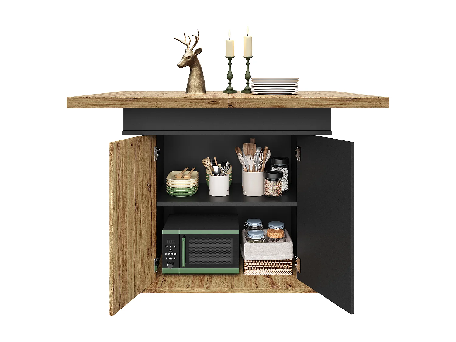 Tavolo da pranzo estensibile 110-140×80cm - 4-6 persone - con 2 ante - stile retrò - Nero + Naturale