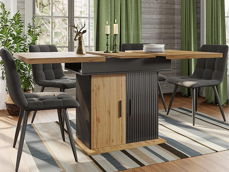 Table à manger extensible 110-140×80cm - 4-6 personnes - avec 2 portes - style rétro - Noir + Naturel