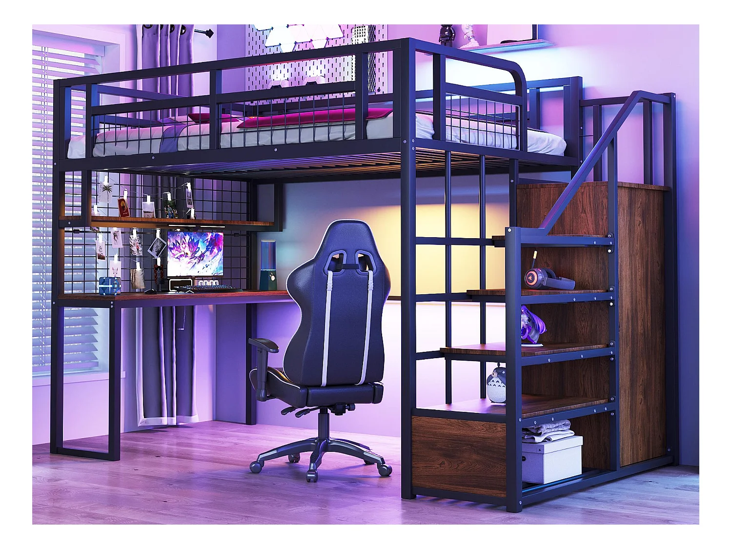 Lit mezzanine 140x200 cm - avec échelle de rangement - avec penderie - rangements et table - noir