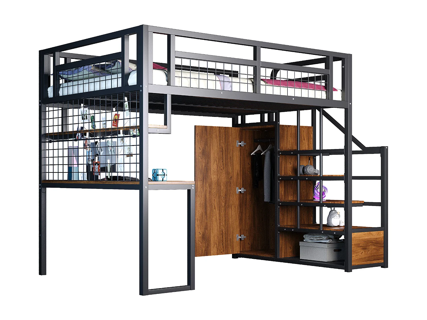 Lit mezzanine 140x200 cm - avec échelle de rangement - avec penderie - rangements et table - noir