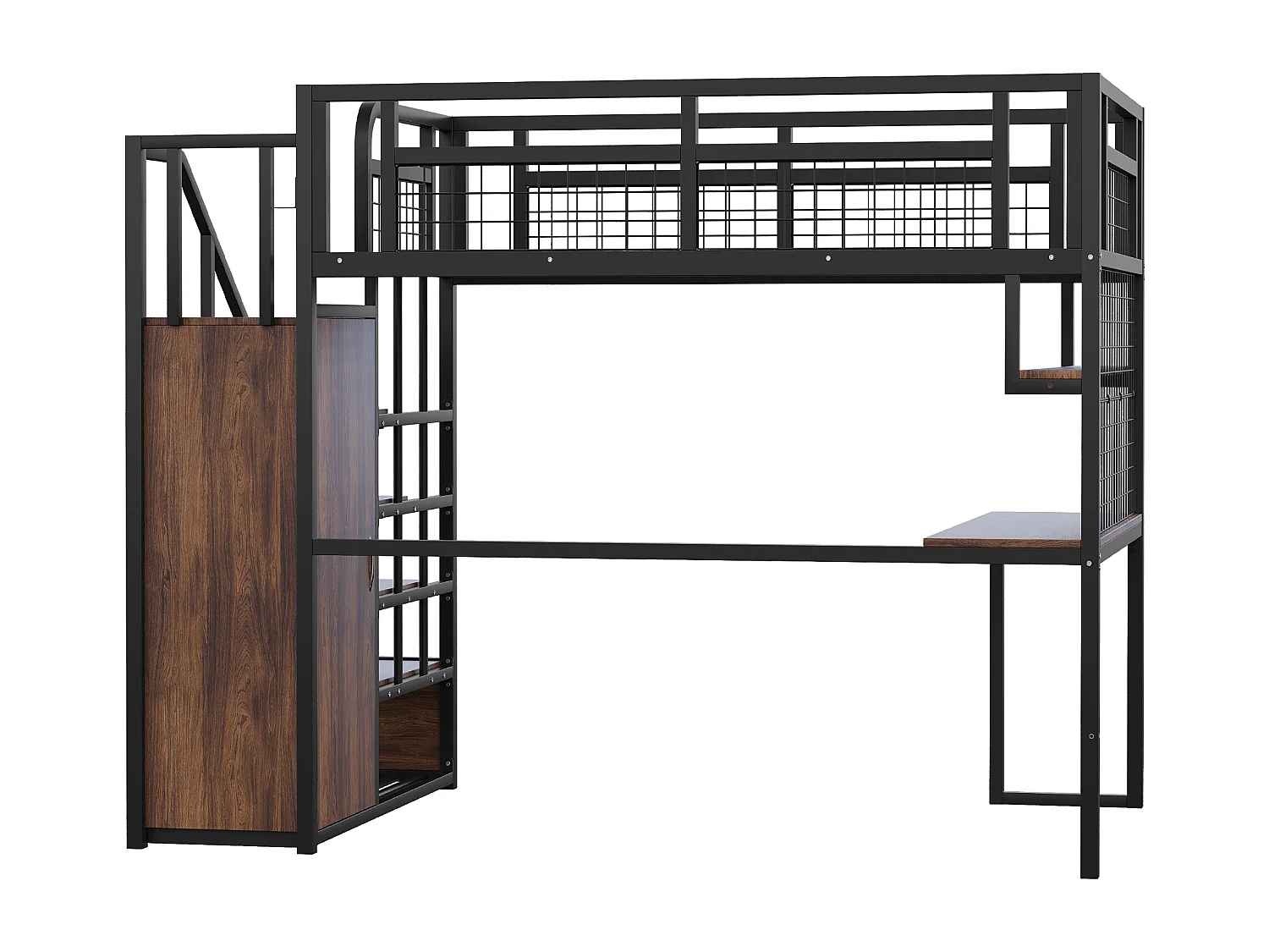 Lit mezzanine 140x200 cm - avec échelle de rangement - avec penderie - rangements et table - noir