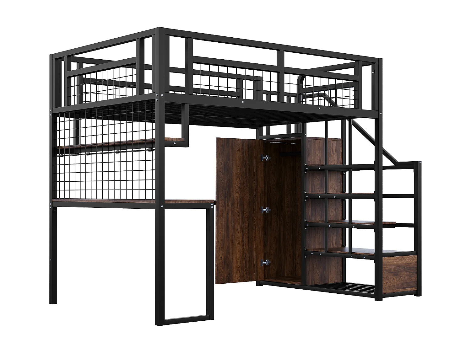 Lit mezzanine 140x200 cm - avec échelle de rangement - avec penderie - rangements et table - noir