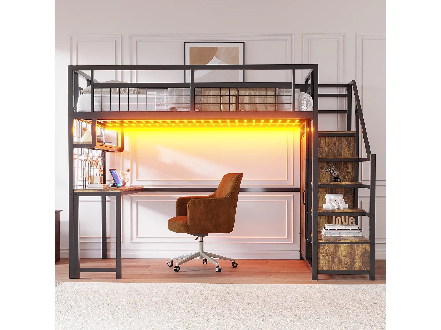 Cama alta de metal 140x200 cm - con iluminação LED e tomadas - com escada com armazenamento - com guarda-roupa - armazenamento e mesa - preto