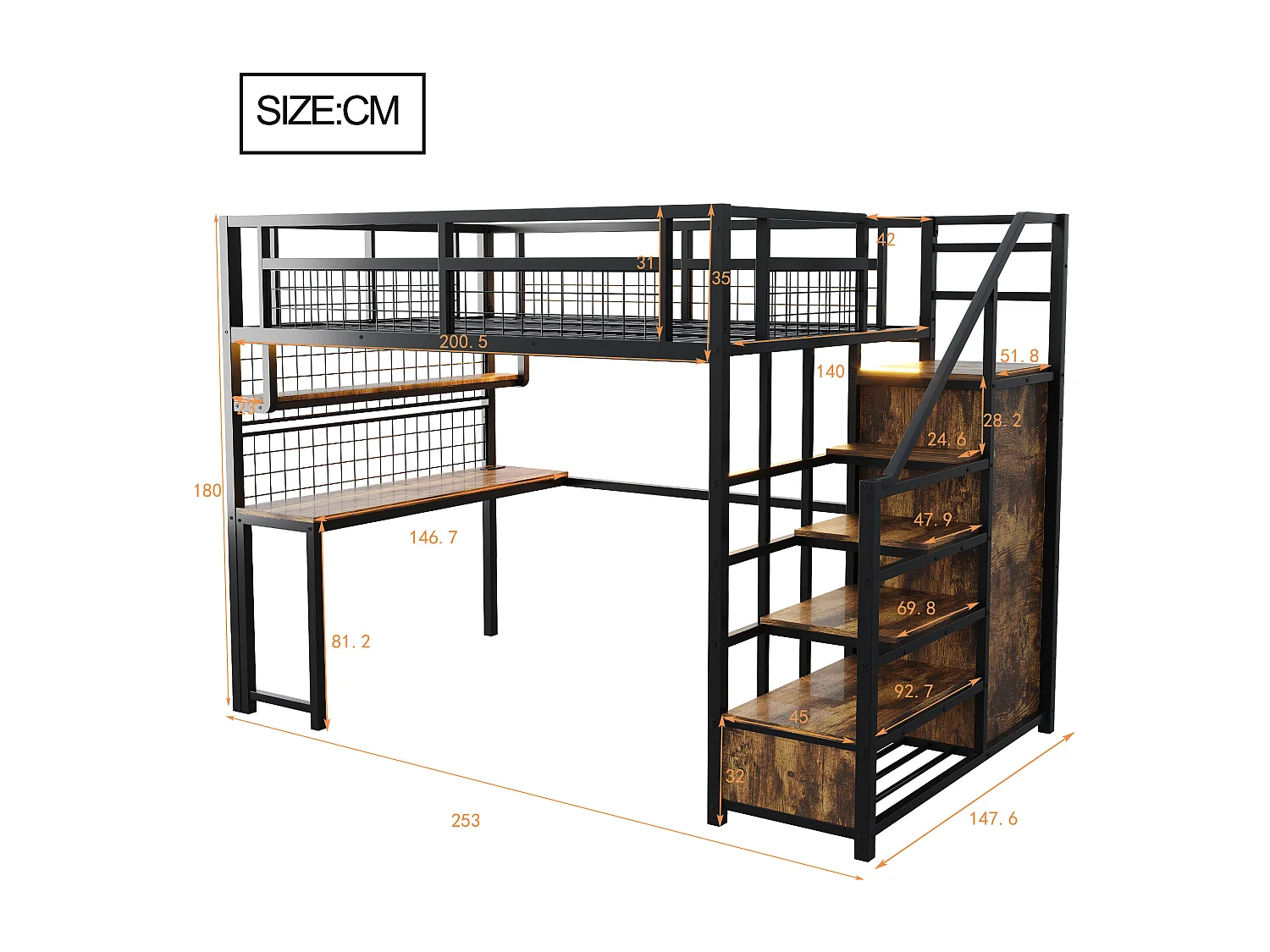 Cama alta de metal 140x200 cm - con iluminação LED e tomadas - com escada com armazenamento - com guarda-roupa - armazenamento e mesa - preto