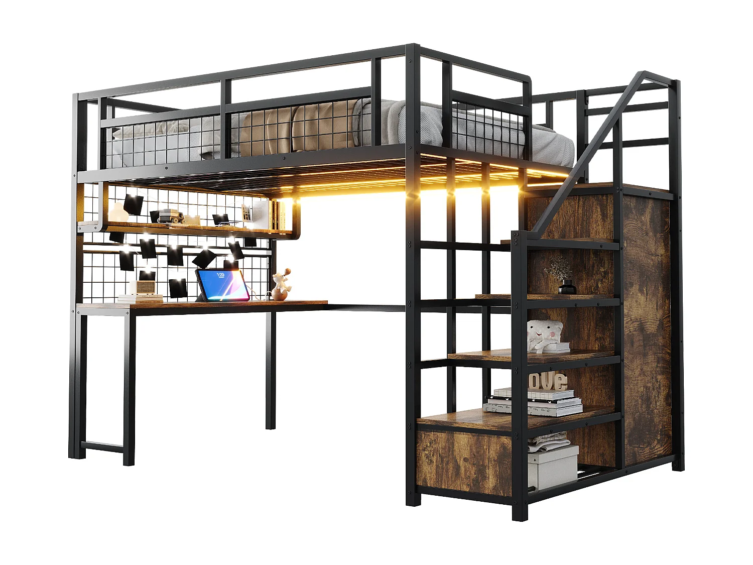 Cama alta de metal 140x200 cm - con iluminação LED e tomadas - com escada com armazenamento - com guarda-roupa - armazenamento e mesa - preto