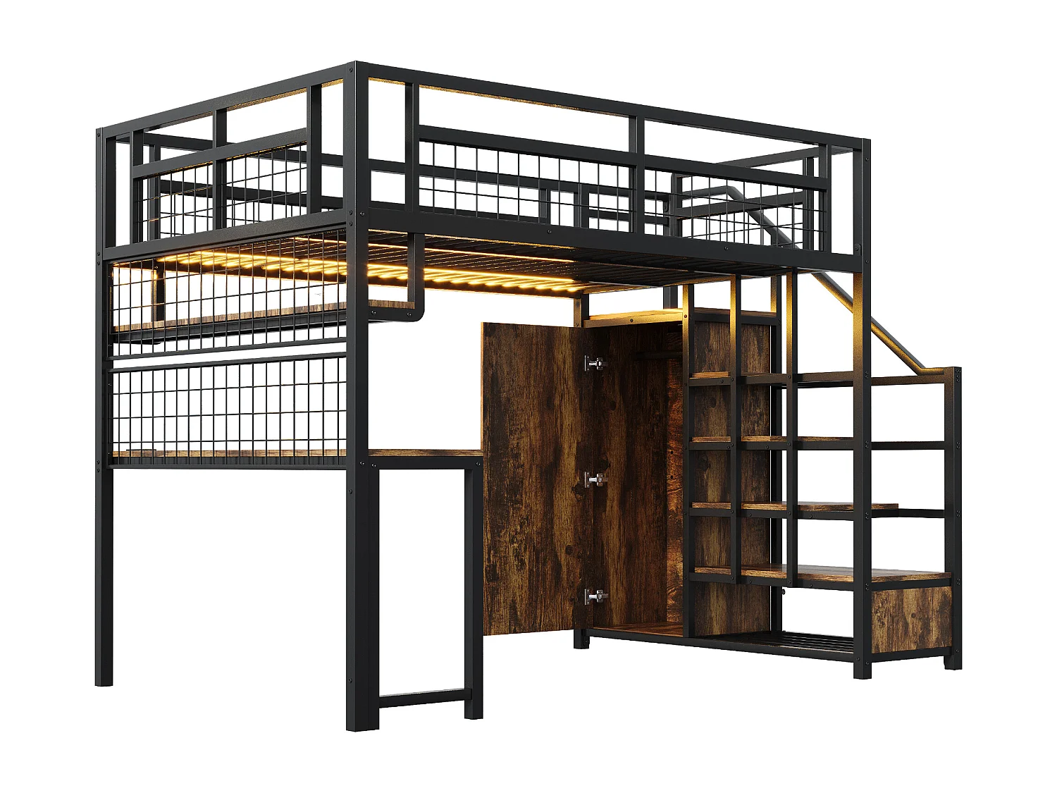 Cama alta de metal 140x200 cm - con iluminação LED e tomadas - com escada com armazenamento - com guarda-roupa - armazenamento e mesa - preto