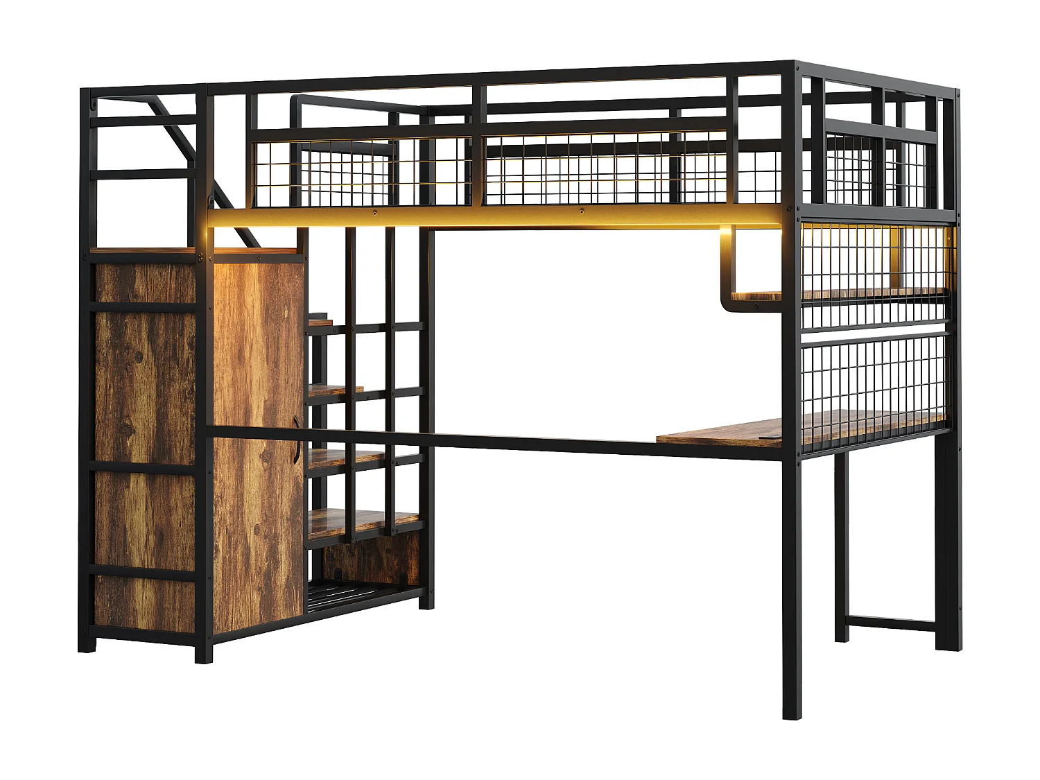 Cama alta de metal 140x200 cm - con iluminação LED e tomadas - com escada com armazenamento - com guarda-roupa - armazenamento e mesa - preto