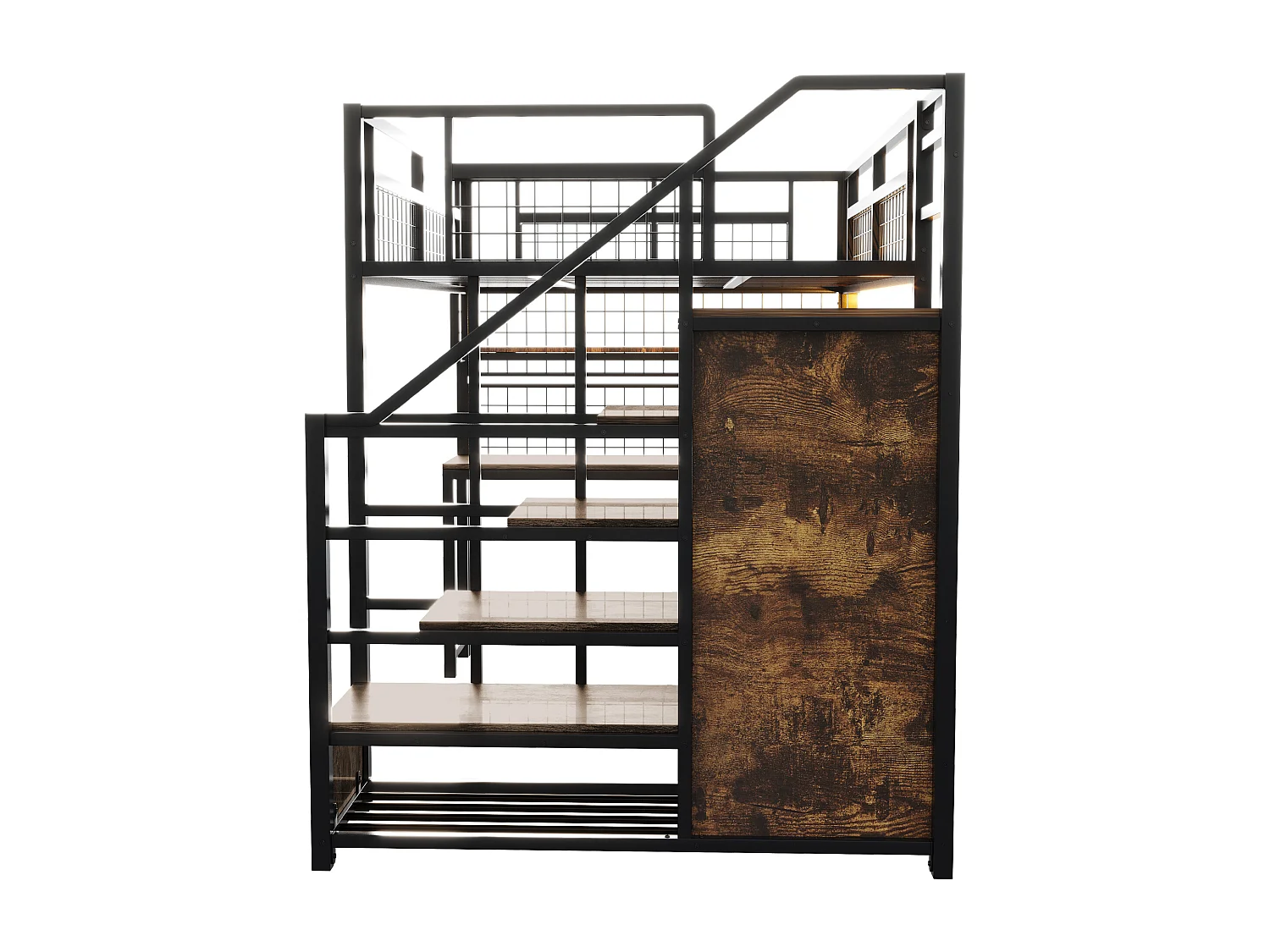 Cama alta de metal 140x200 cm - con iluminação LED e tomadas - com escada com armazenamento - com guarda-roupa - armazenamento e mesa - preto