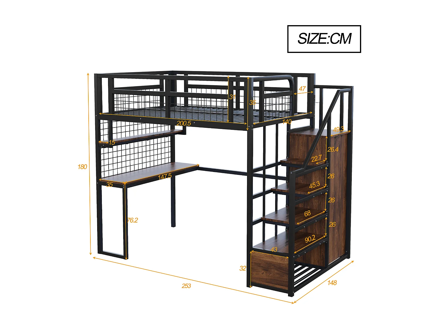 Letto mezzanina 140x200 cm - con illuminazione LED e prese - con scala con contenitore - con guardaroba - contenitore e scrivania - nero