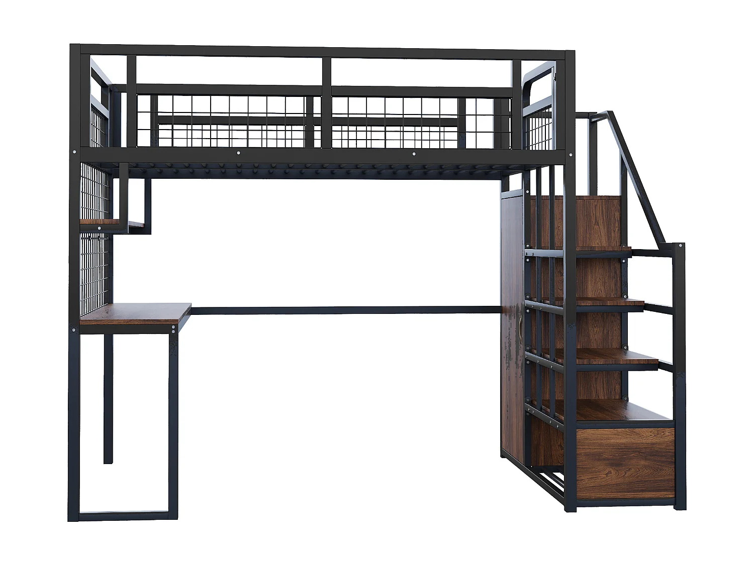 Letto mezzanina 140x200 cm - con illuminazione LED e prese - con scala con contenitore - con guardaroba - contenitore e scrivania - nero