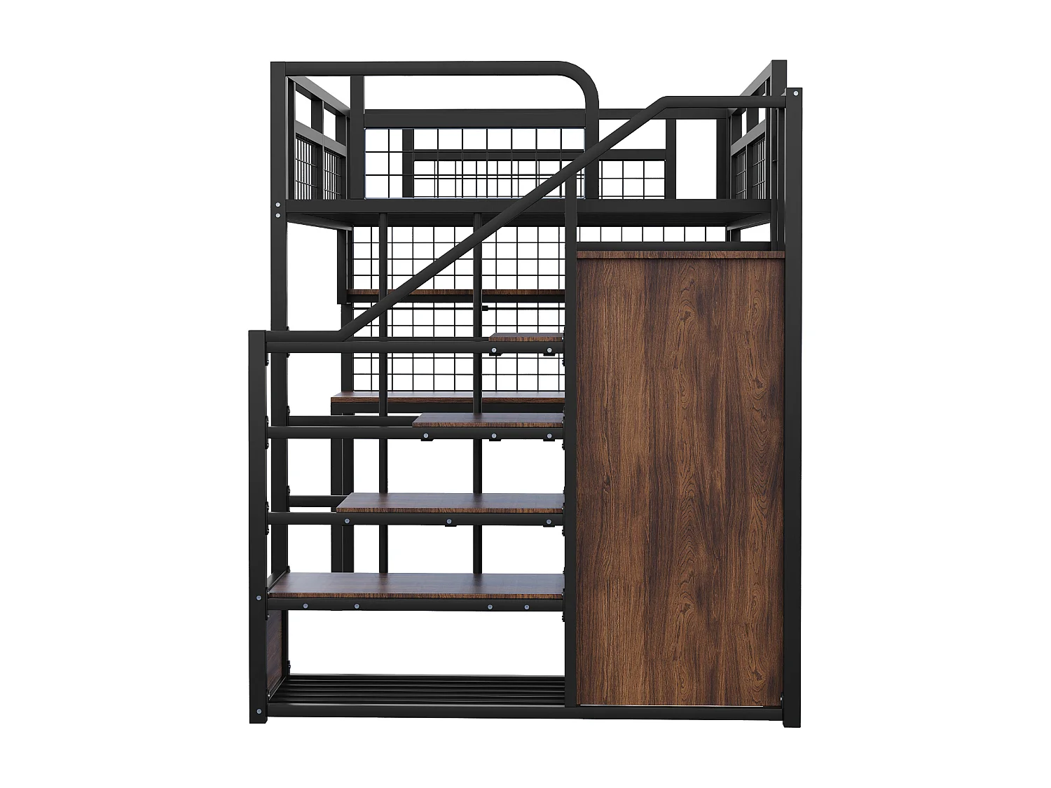 Letto mezzanina 140x200 cm - con illuminazione LED e prese - con scala con contenitore - con guardaroba - contenitore e scrivania - nero