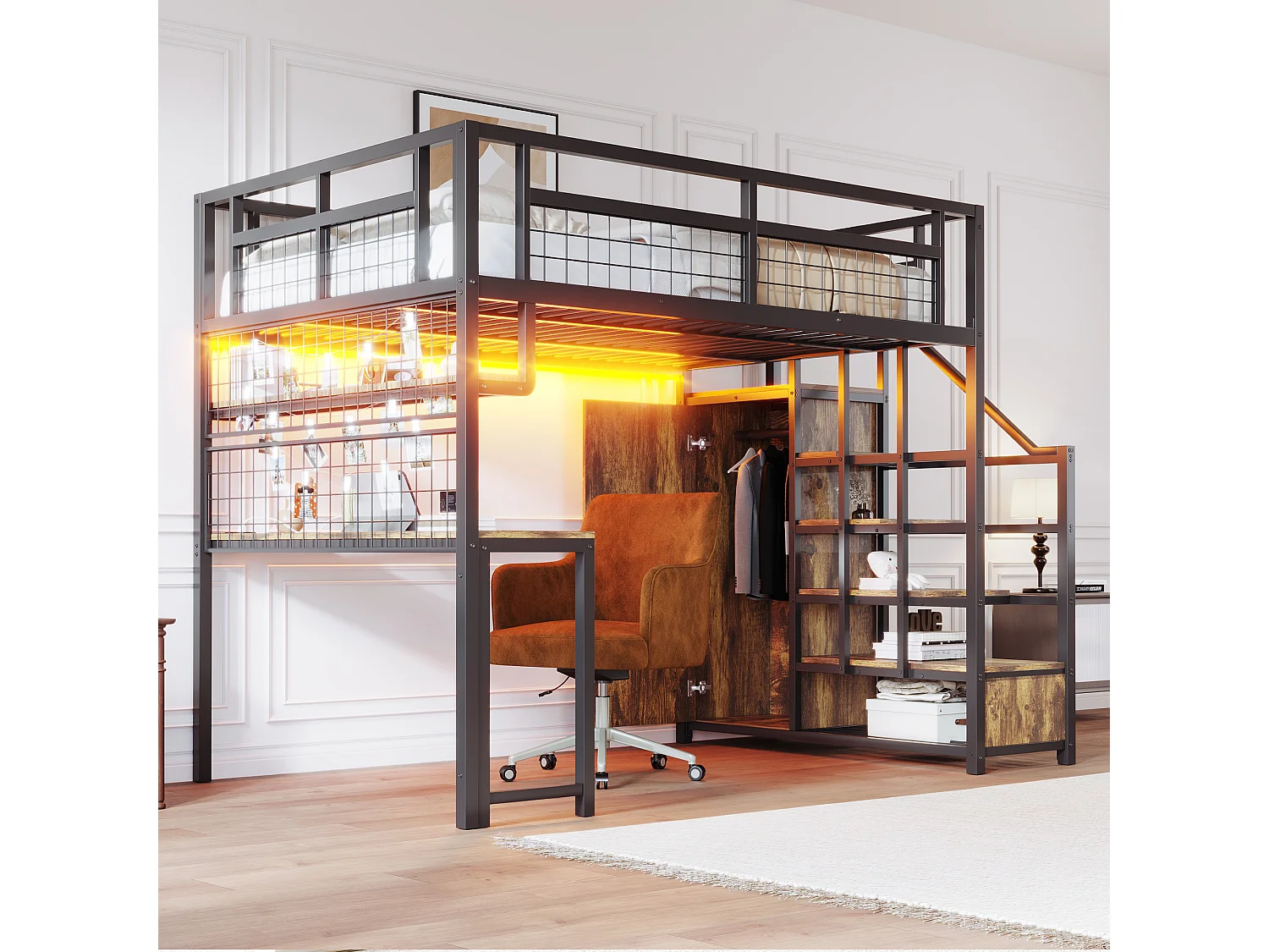 Lit mezzanine 140x200 cm - avec éclairage LED et prises - avec échelle de rangement - avec penderie - rangements et table - noir