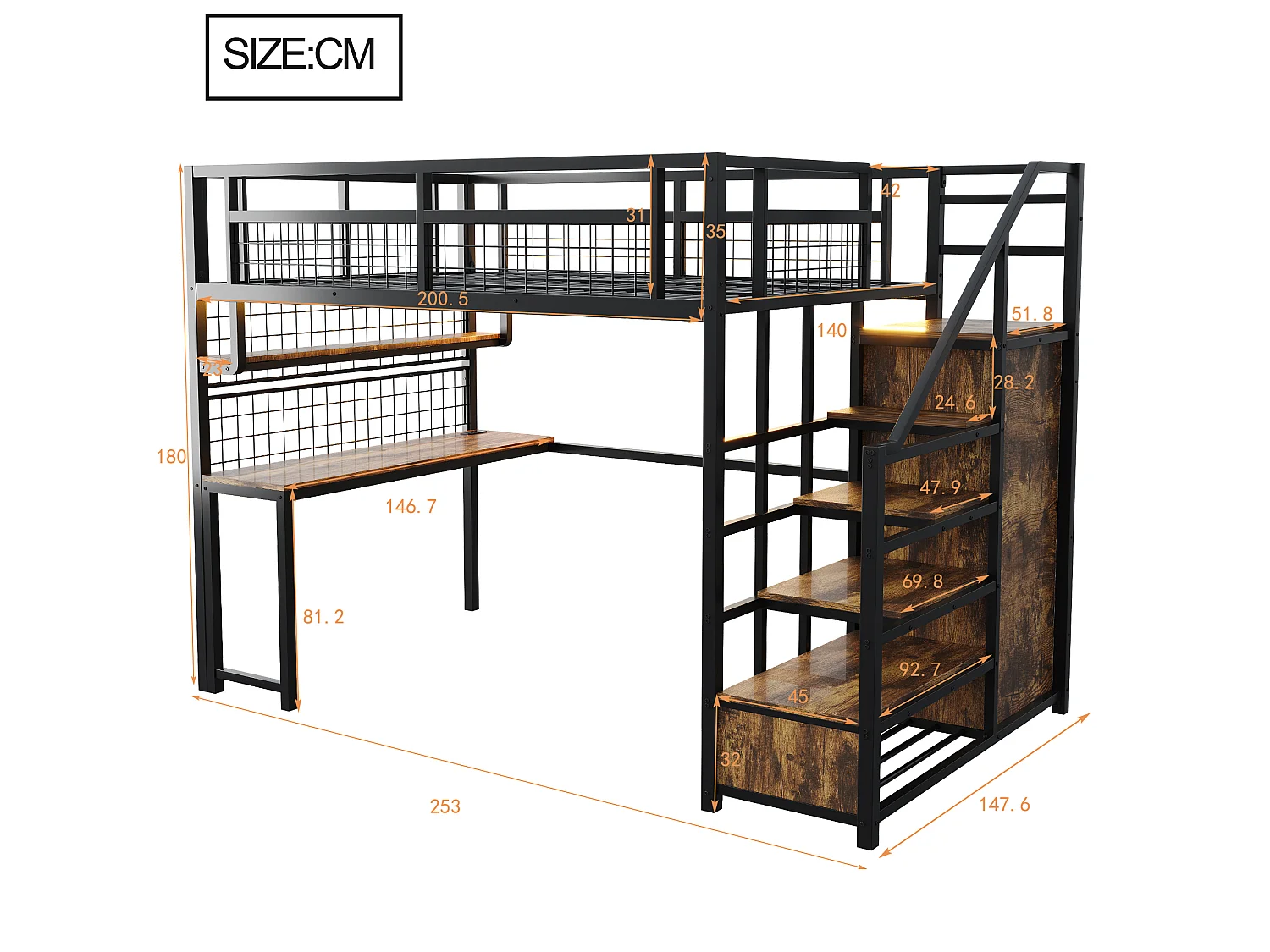 Lit mezzanine 140x200 cm - avec éclairage LED et prises - avec échelle de rangement - avec penderie - rangements et table - noir