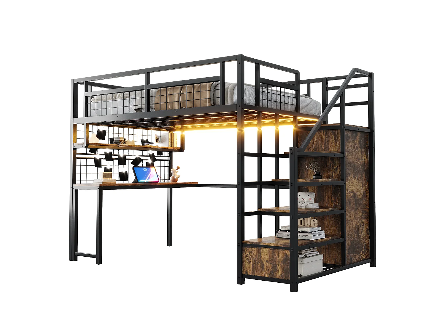 Lit mezzanine 140x200 cm - avec éclairage LED et prises - avec échelle de rangement - avec penderie - rangements et table - noir