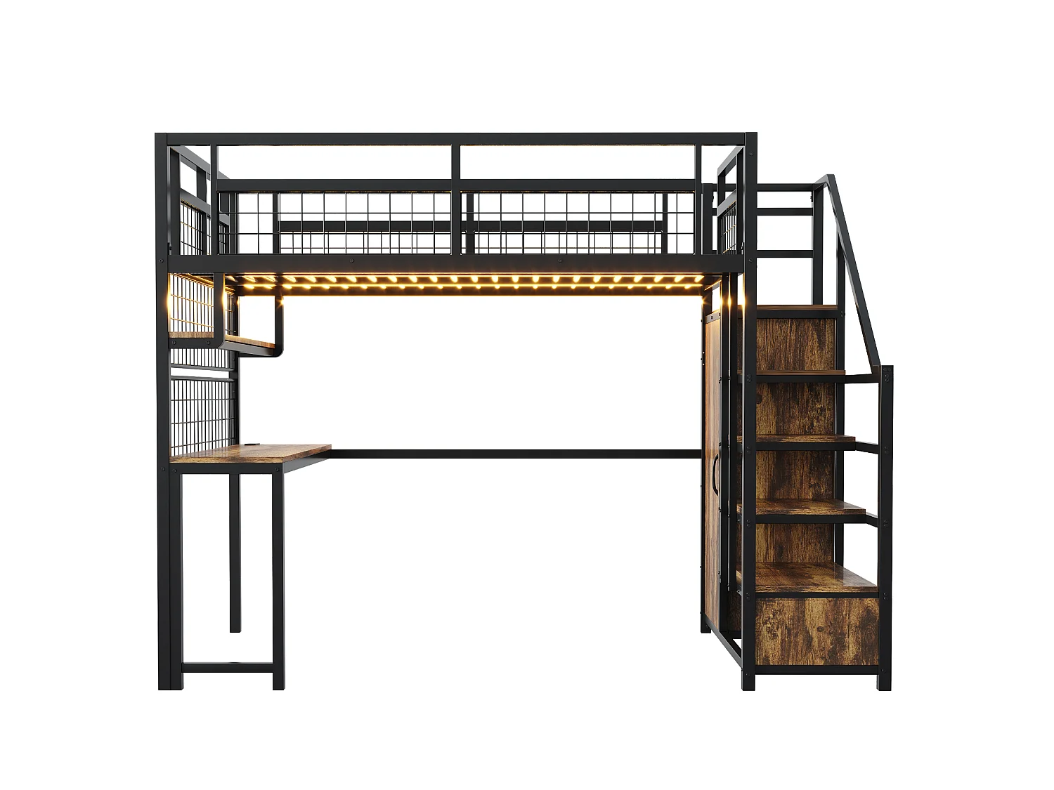 Lit mezzanine 140x200 cm - avec éclairage LED et prises - avec échelle de rangement - avec penderie - rangements et table - noir
