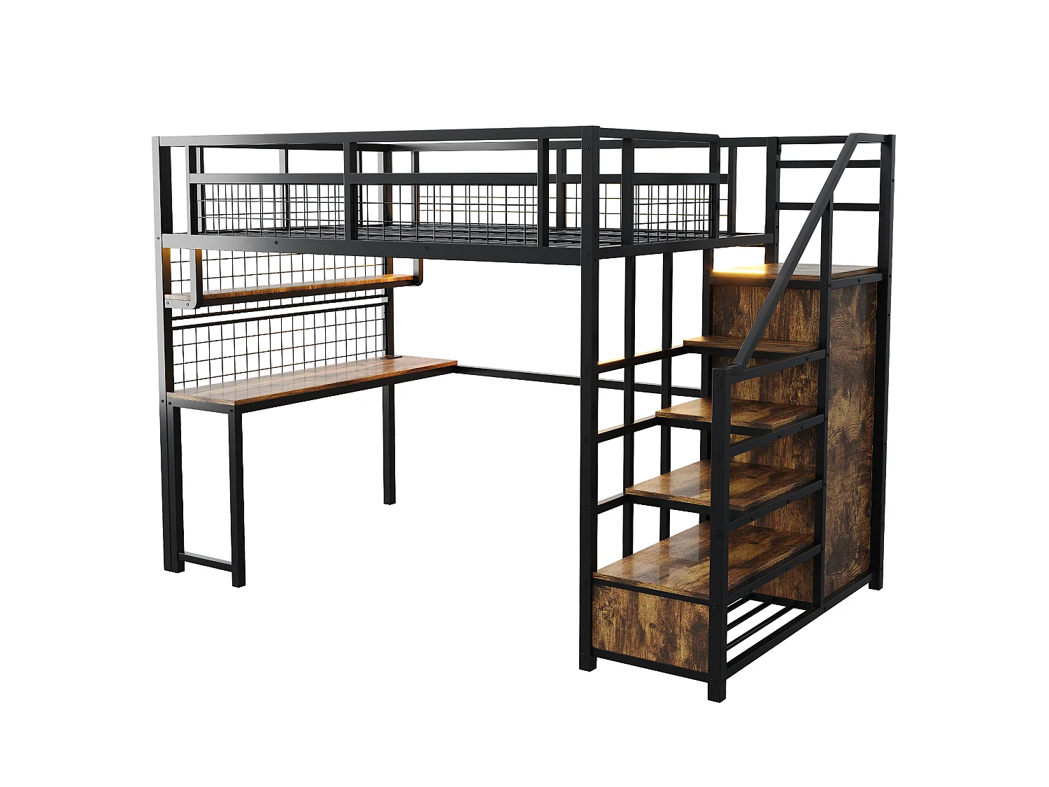 Lit mezzanine 140x200 cm - avec éclairage LED et prises - avec échelle de rangement - avec penderie - rangements et table - noir