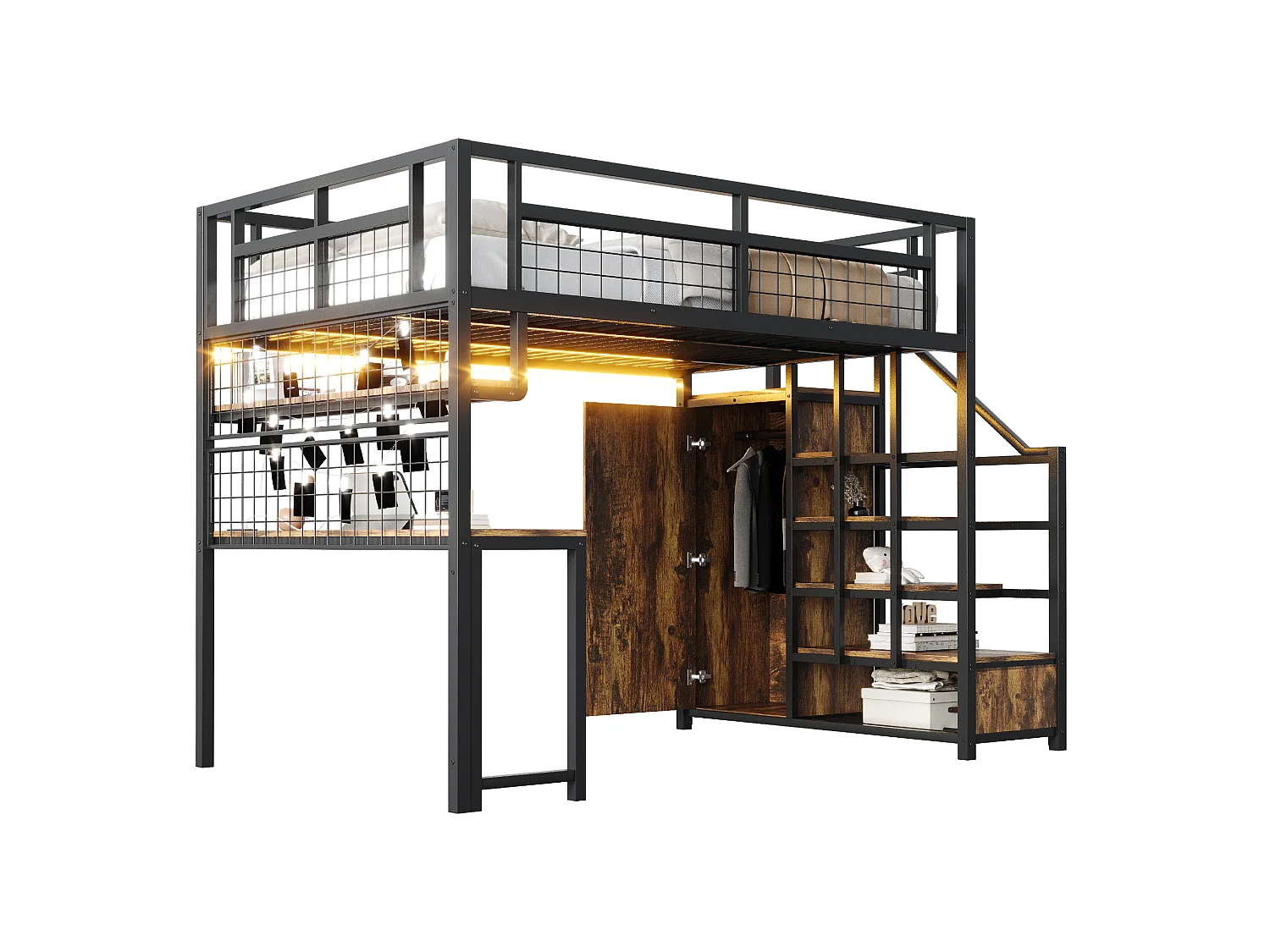 Lit mezzanine 140x200 cm - avec éclairage LED et prises - avec échelle de rangement - avec penderie - rangements et table - noir