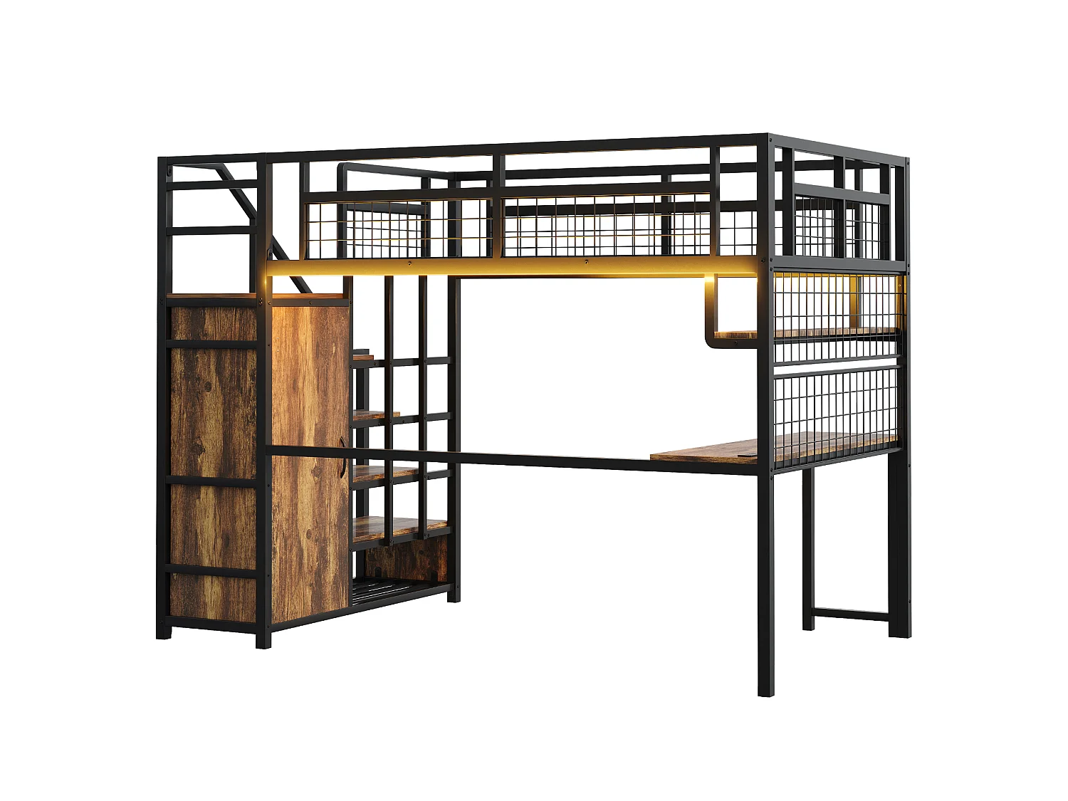 Lit mezzanine 140x200 cm - avec éclairage LED et prises - avec échelle de rangement - avec penderie - rangements et table - noir