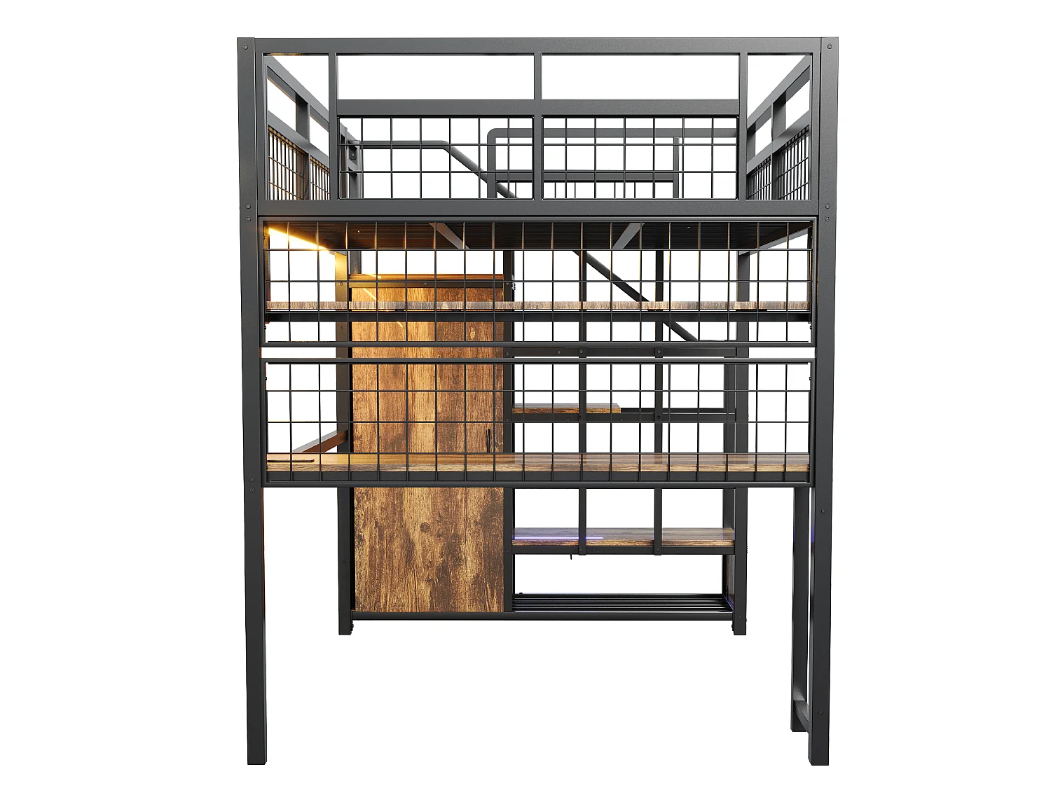 Lit mezzanine 140x200 cm - avec éclairage LED et prises - avec échelle de rangement - avec penderie - rangements et table - noir