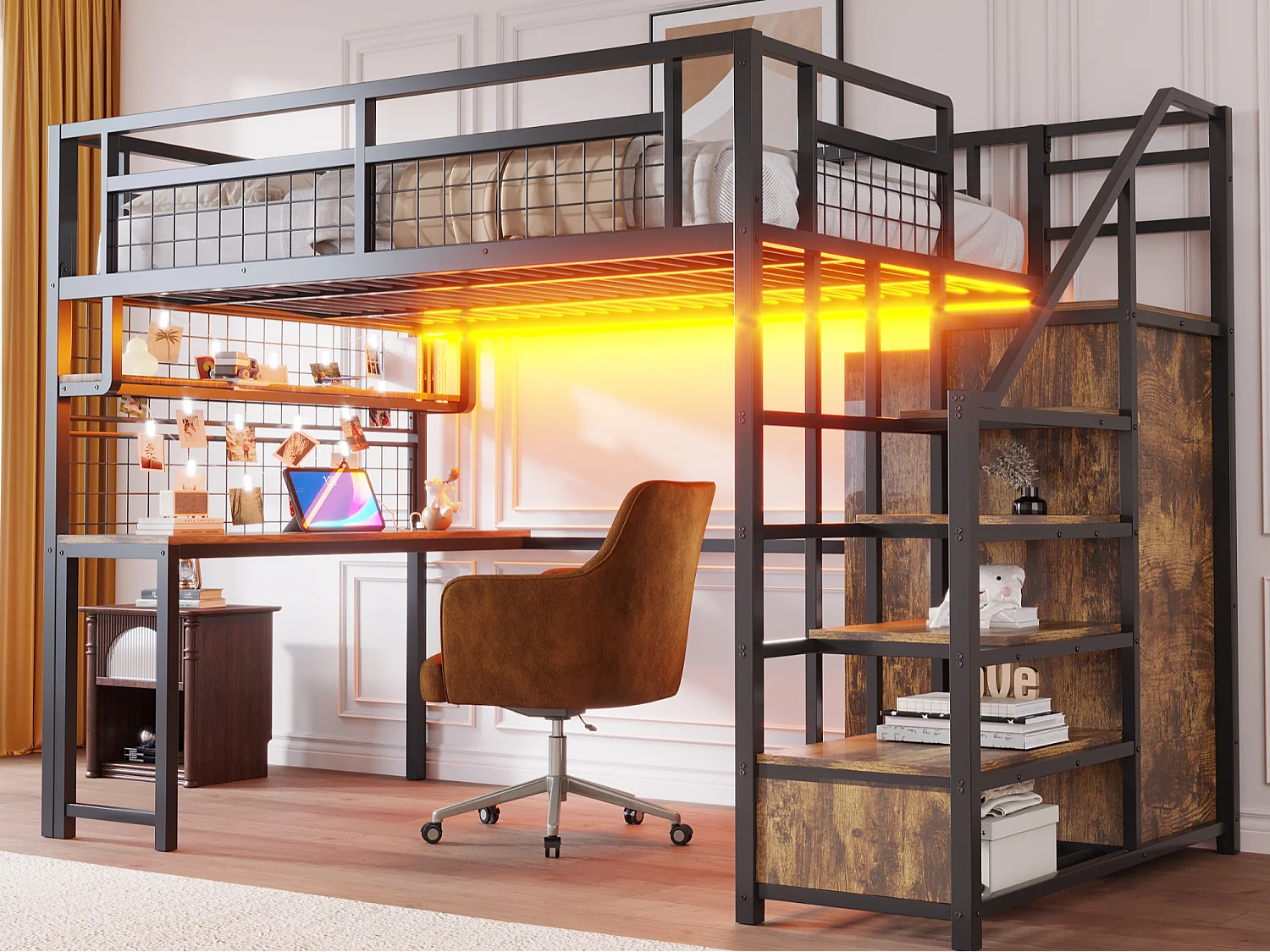 Lit mezzanine 140x200 cm - avec éclairage LED et prises - avec échelle de rangement - avec penderie - rangements et table - noir