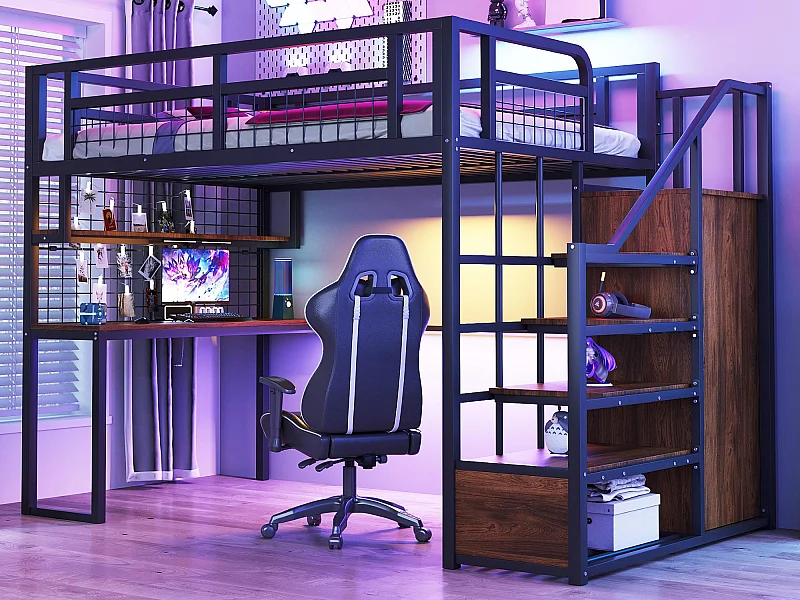 Lit mezzanine 140x200 cm - avec échelle de rangement - avec penderie - rangements et table - noir