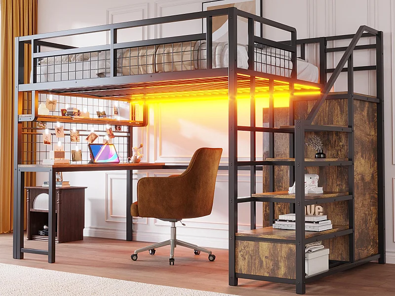 Mezzanine bed 140x200 cm - met LED-verlichting en stopcontacten - met opbergladder - met garderobekast - opbergruimte en bureau - zwart